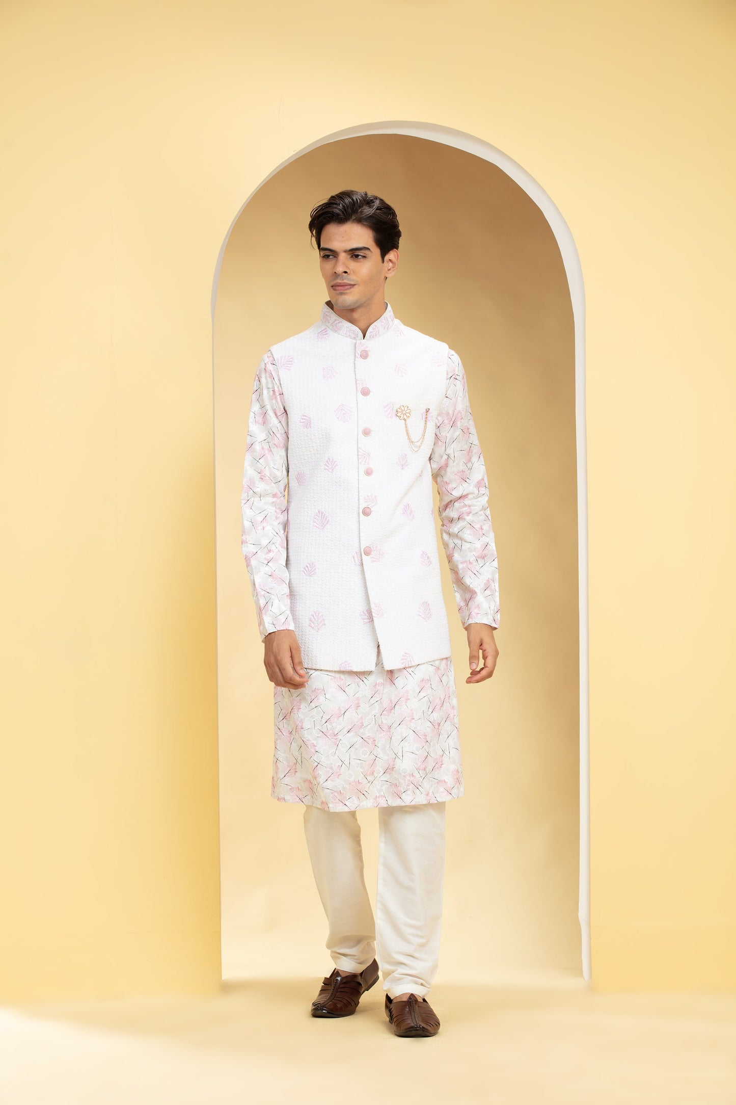 Powder White Lucknowi kurta Jacket Set with Embellishments