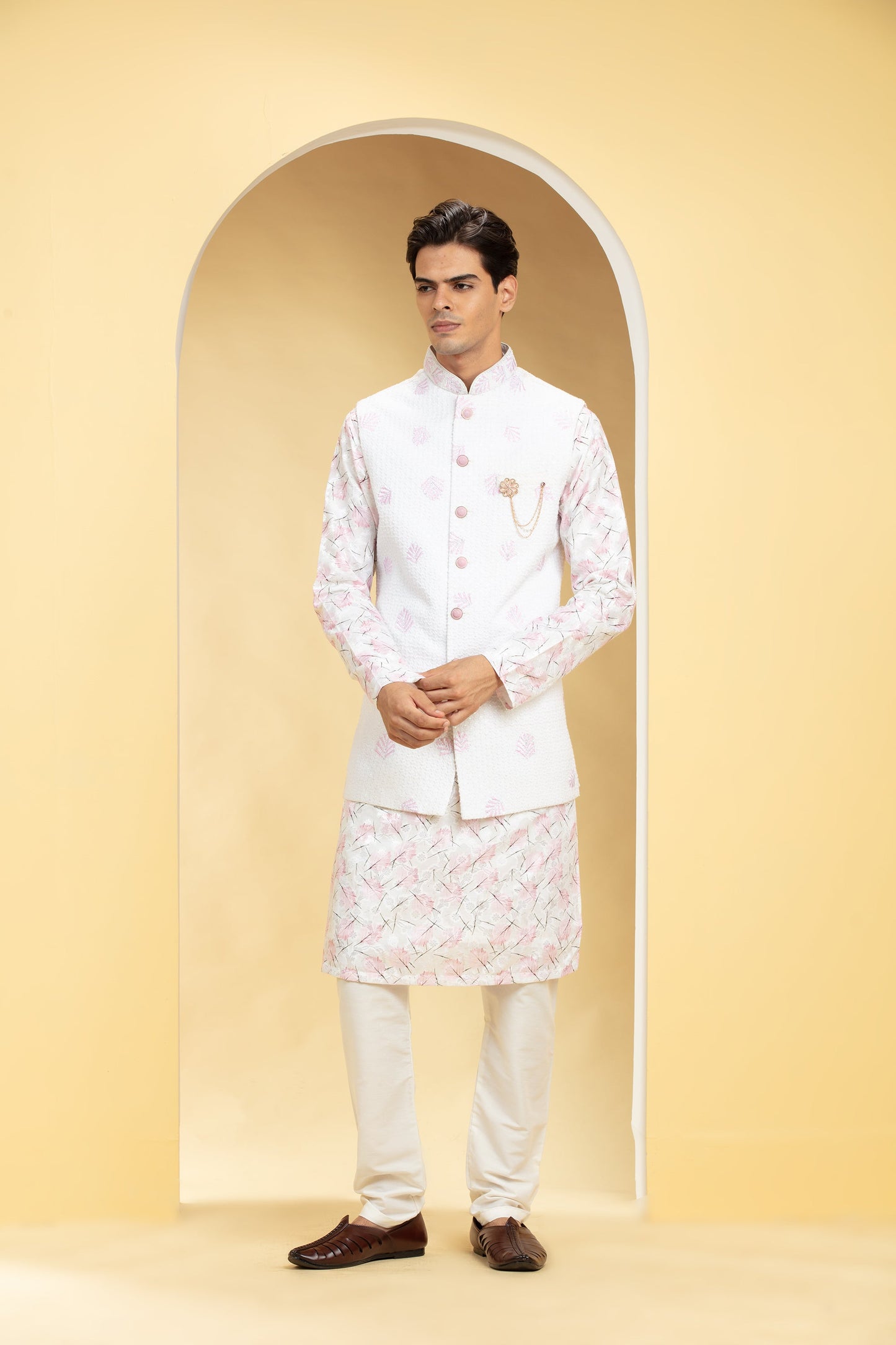 Powder White Lucknowi kurta Jacket Set with Embellishments