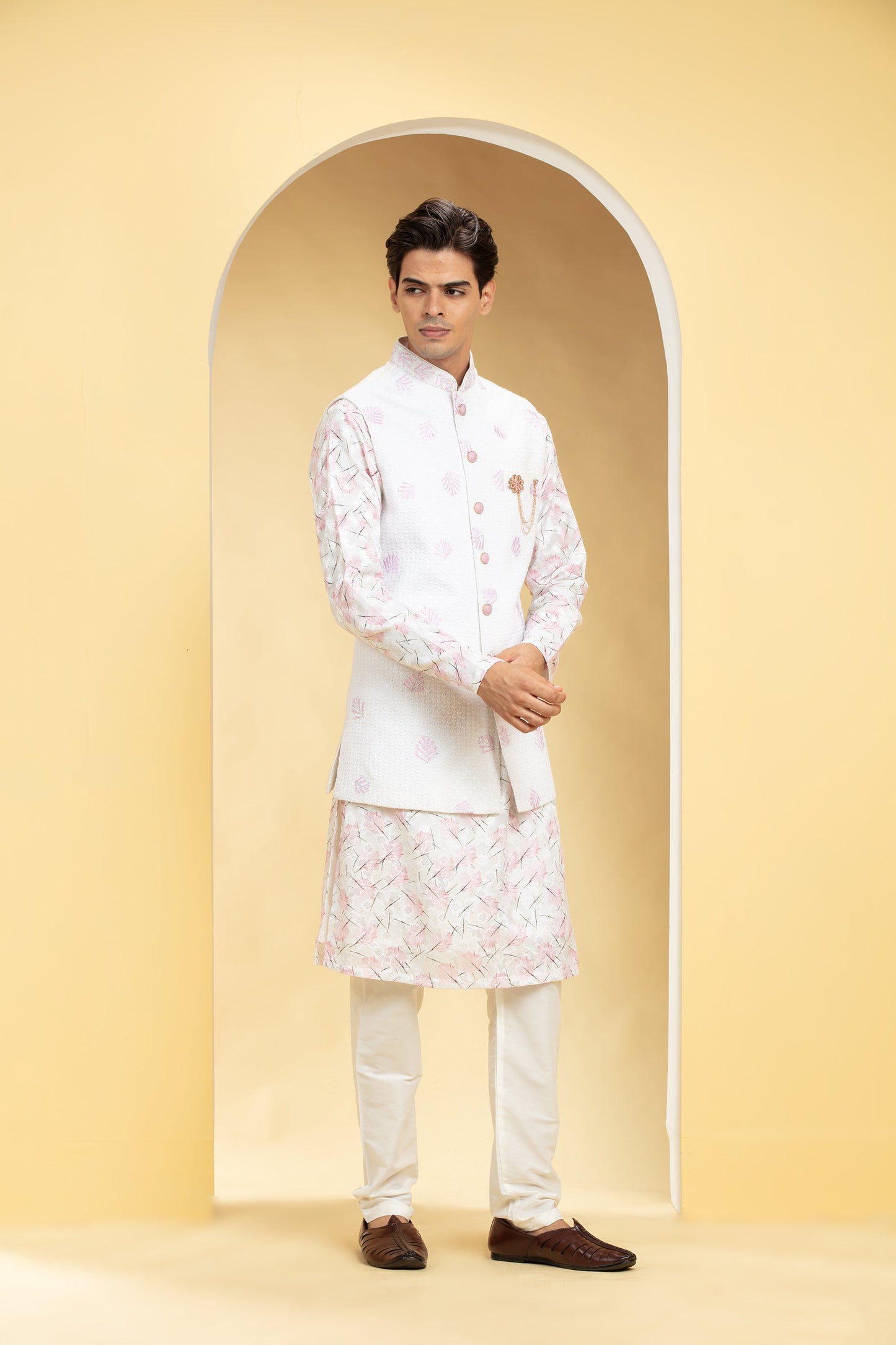 Powder White Lucknowi kurta Jacket Set with Embellishments