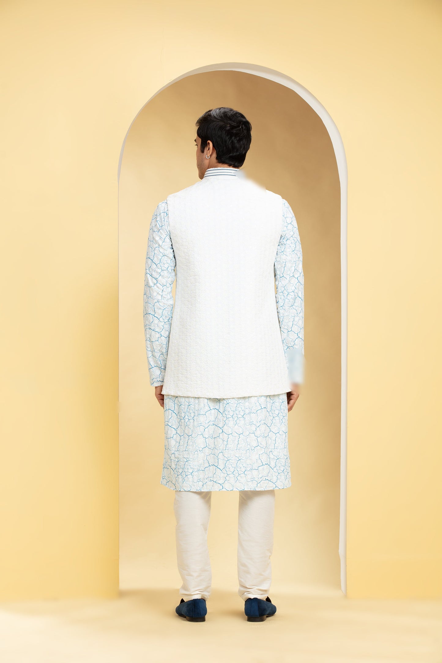 Ice Blue Blue Lucknowi kurta Jacket Set with Embellishments