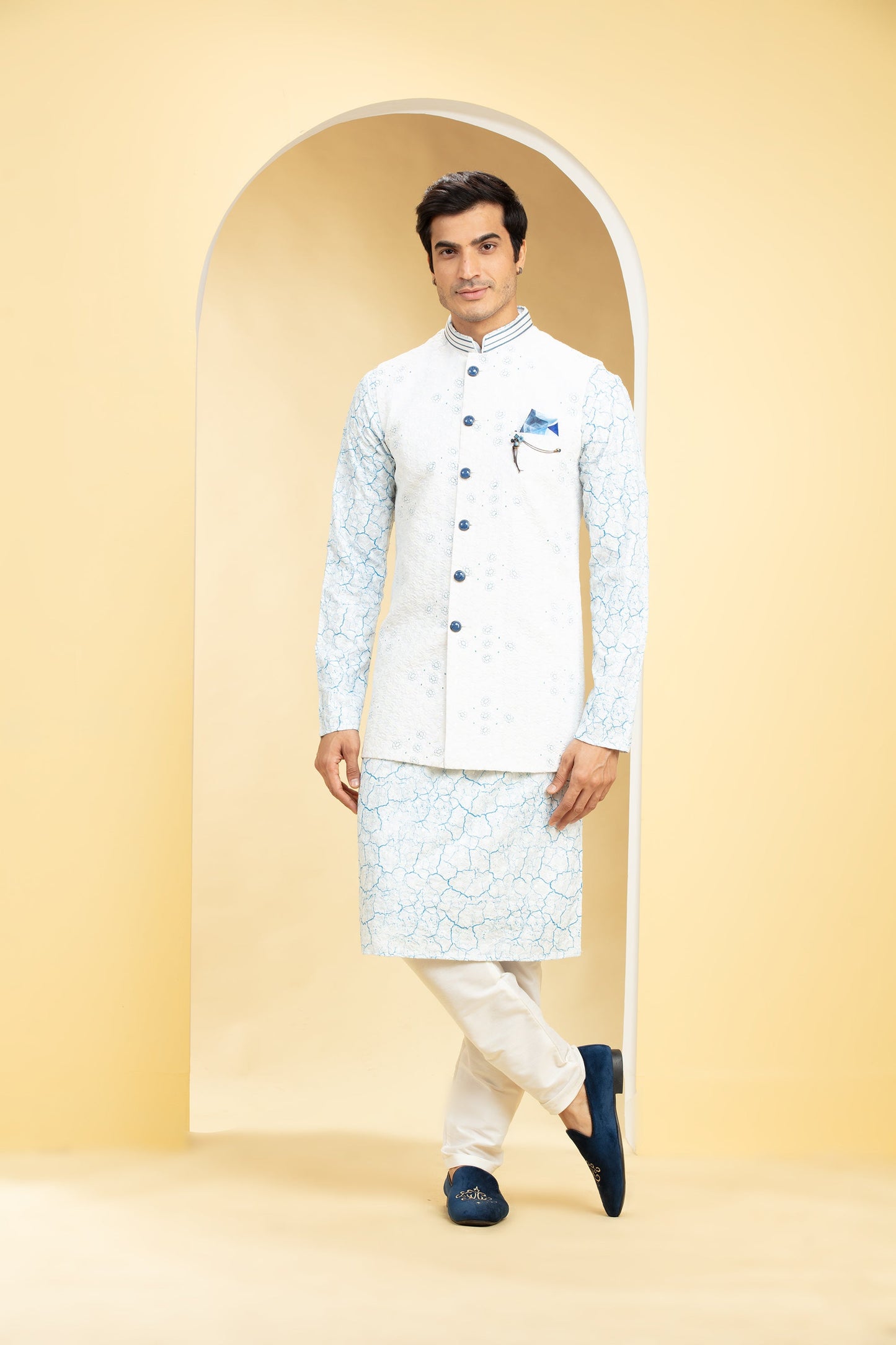 Ice Blue Blue Lucknowi kurta Jacket Set with Embellishments