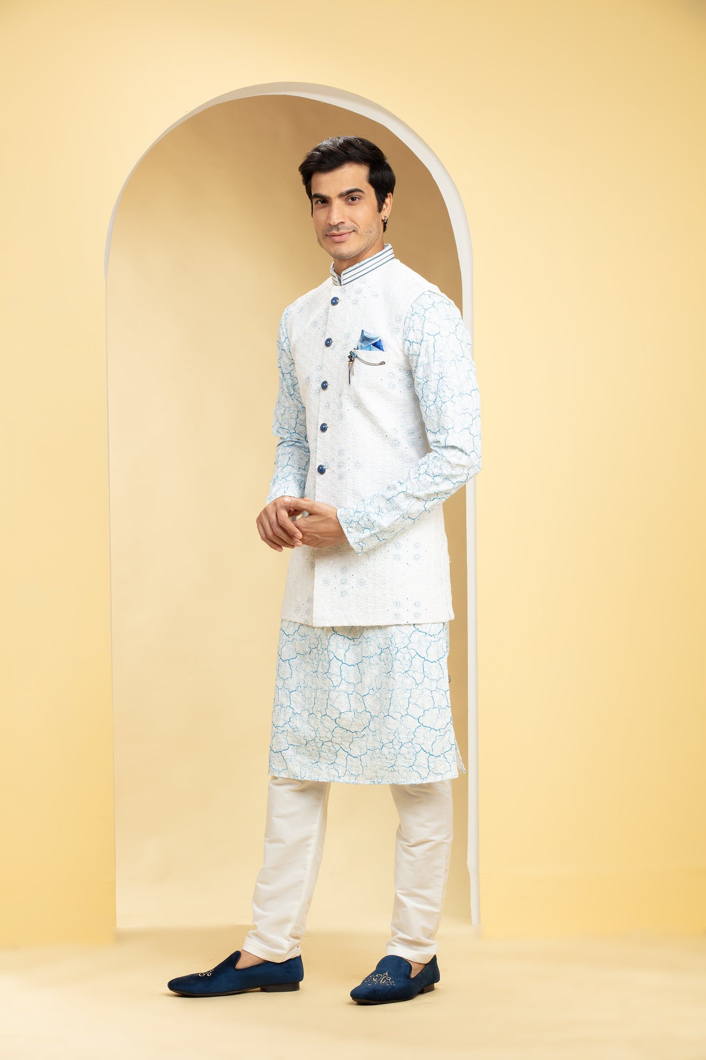 Ice Blue Blue Lucknowi kurta Jacket Set with Embellishments