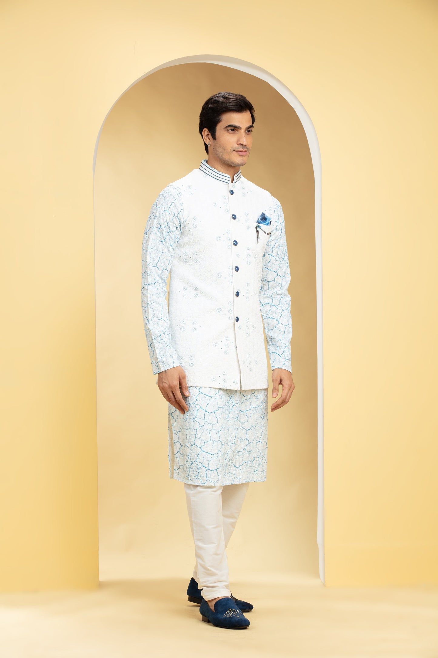 Ice Blue Blue Lucknowi kurta Jacket Set with Embellishments