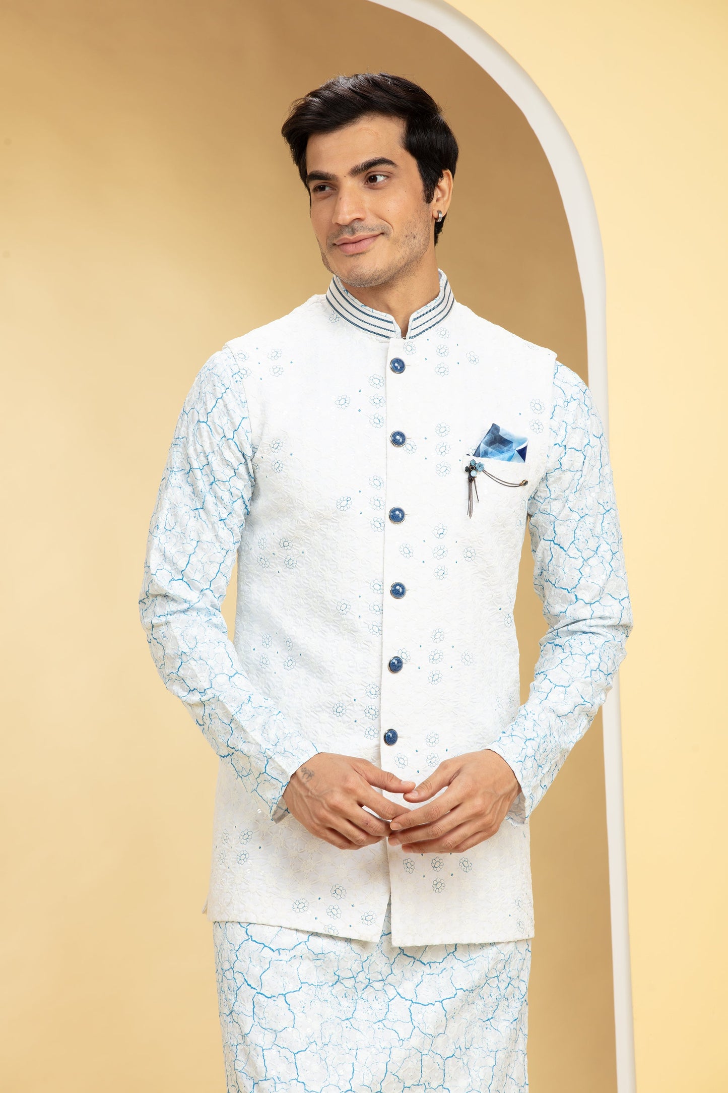 Ice Blue Blue Lucknowi kurta Jacket Set with Embellishments