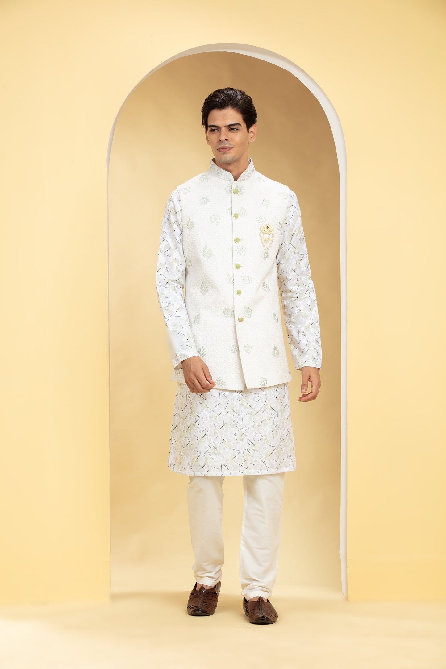 Pearl White Lucknowi kurta Jacket Set with Embellishments