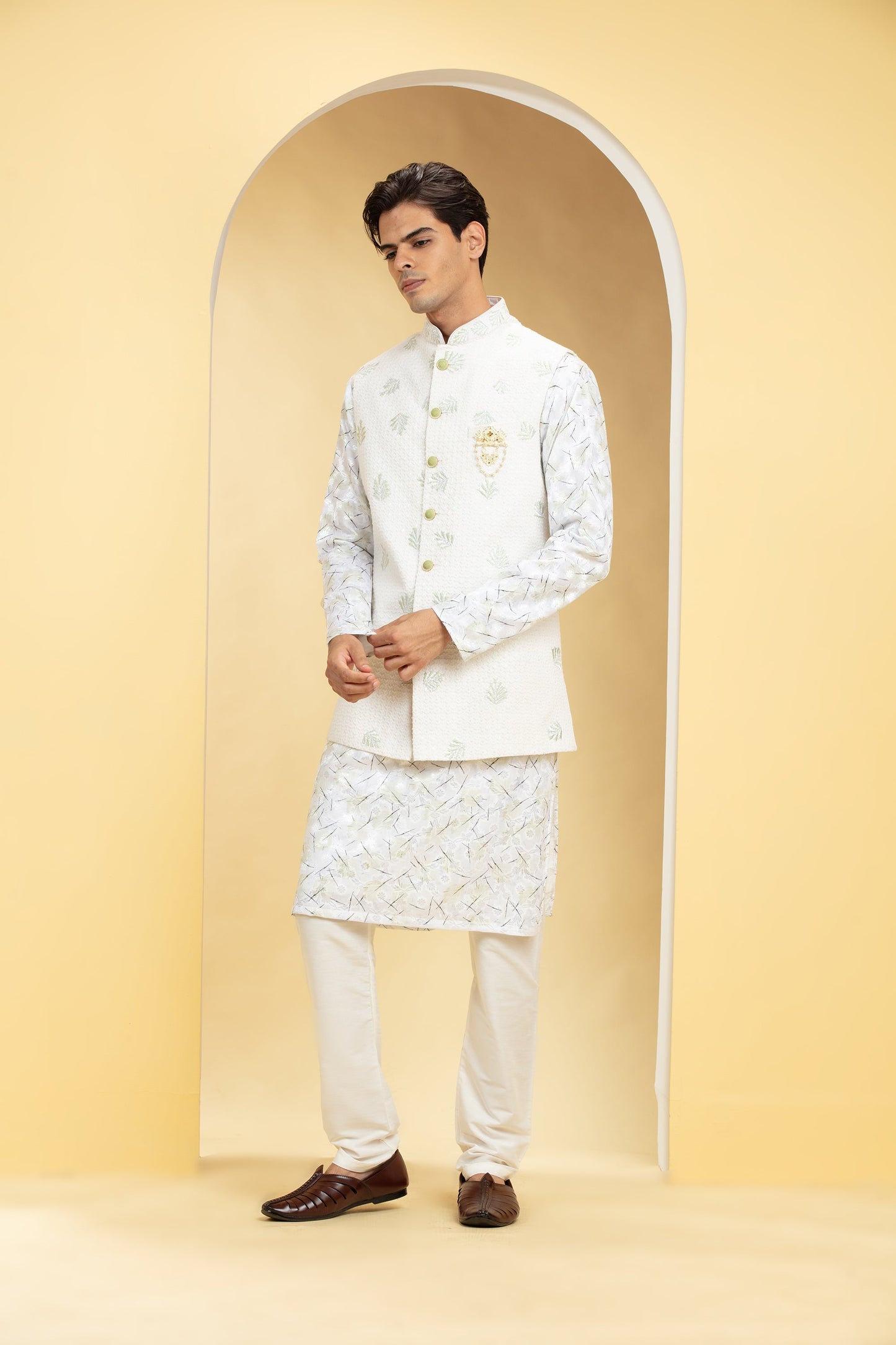 Pearl White Lucknowi kurta Jacket Set with Embellishments