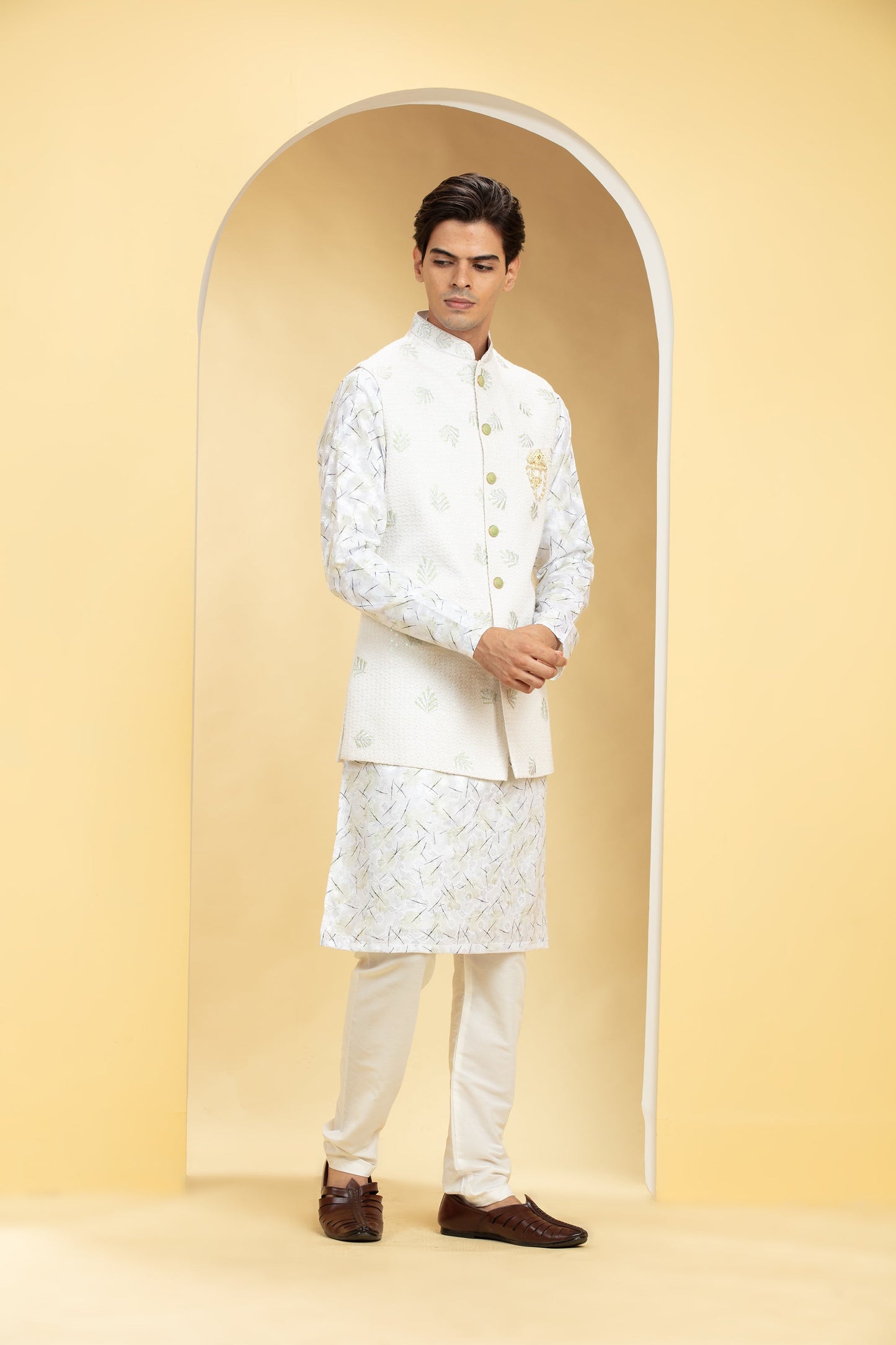 Pearl White Lucknowi kurta Jacket Set with Embellishments