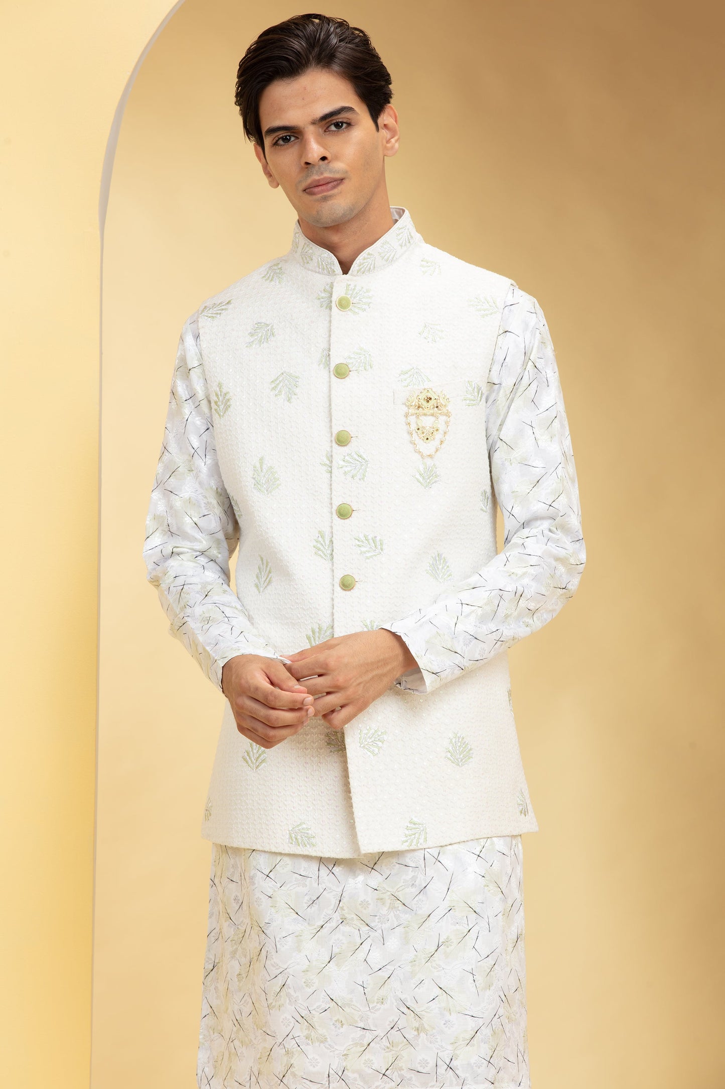 Pearl White Lucknowi kurta Jacket Set with Embellishments