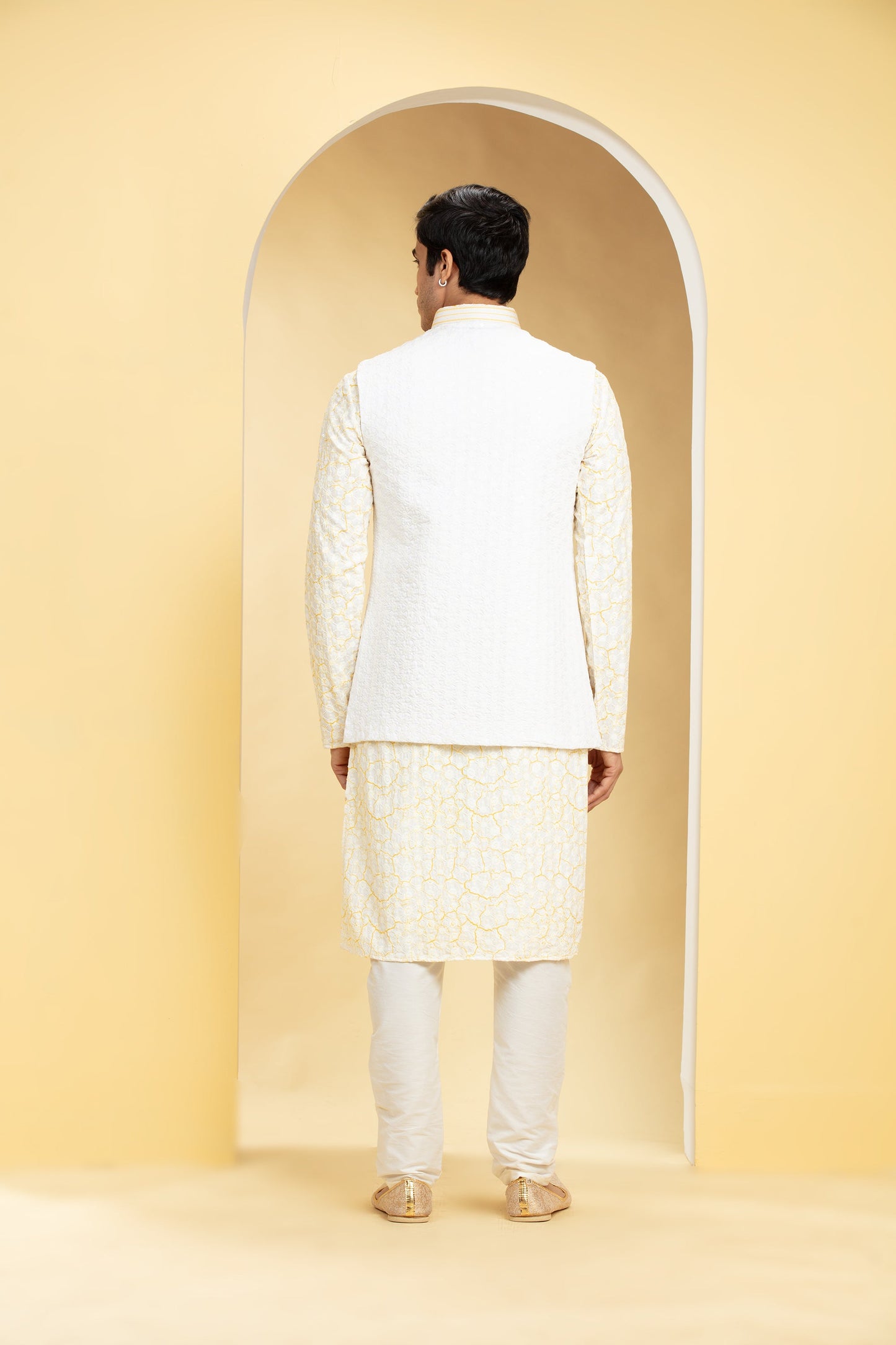 Pearl White and pastel yellow Lucknowi kurta Jacket Set with Embellishments