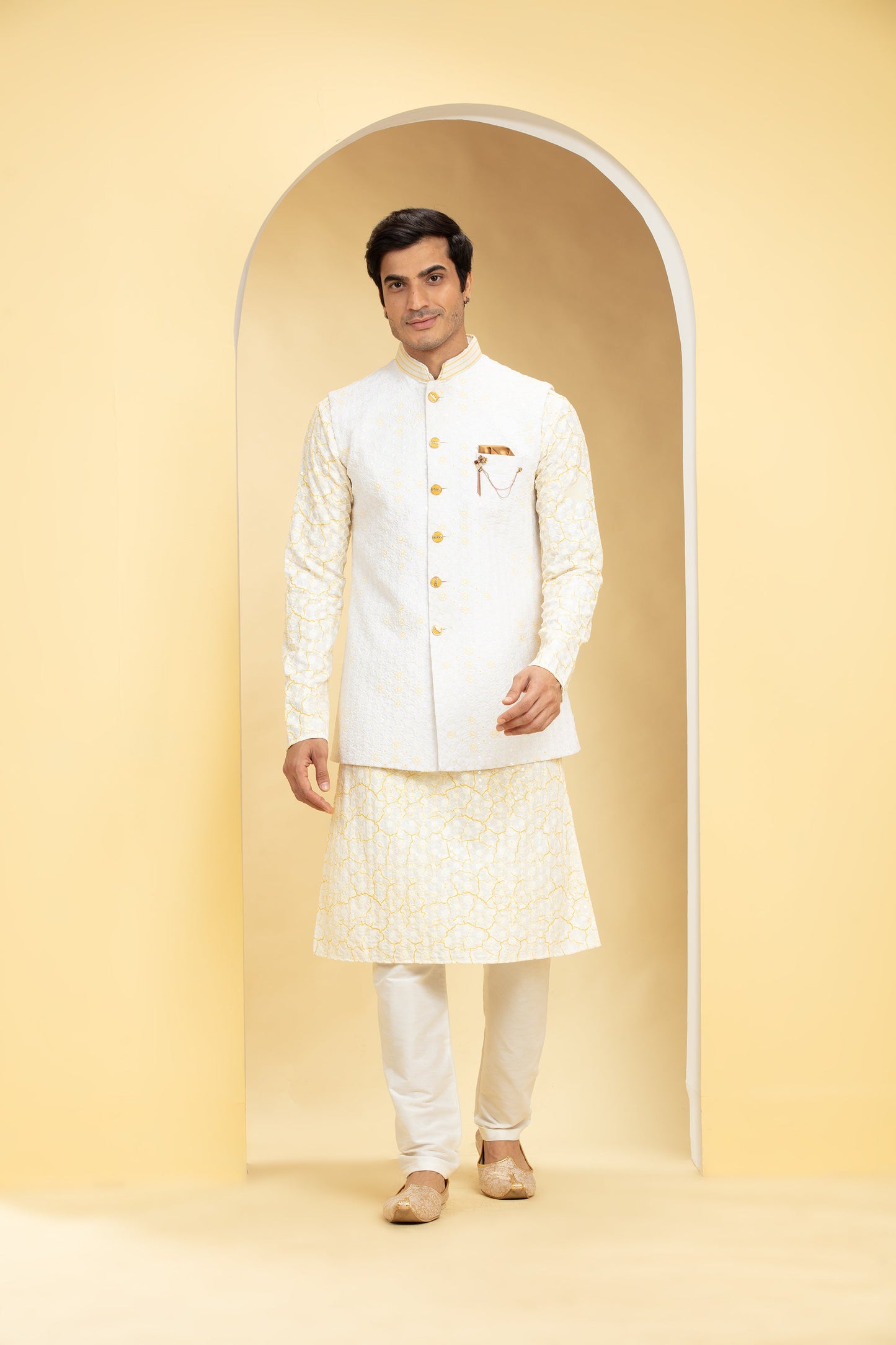 Pearl White and pastel yellow Lucknowi kurta Jacket Set with Embellishments