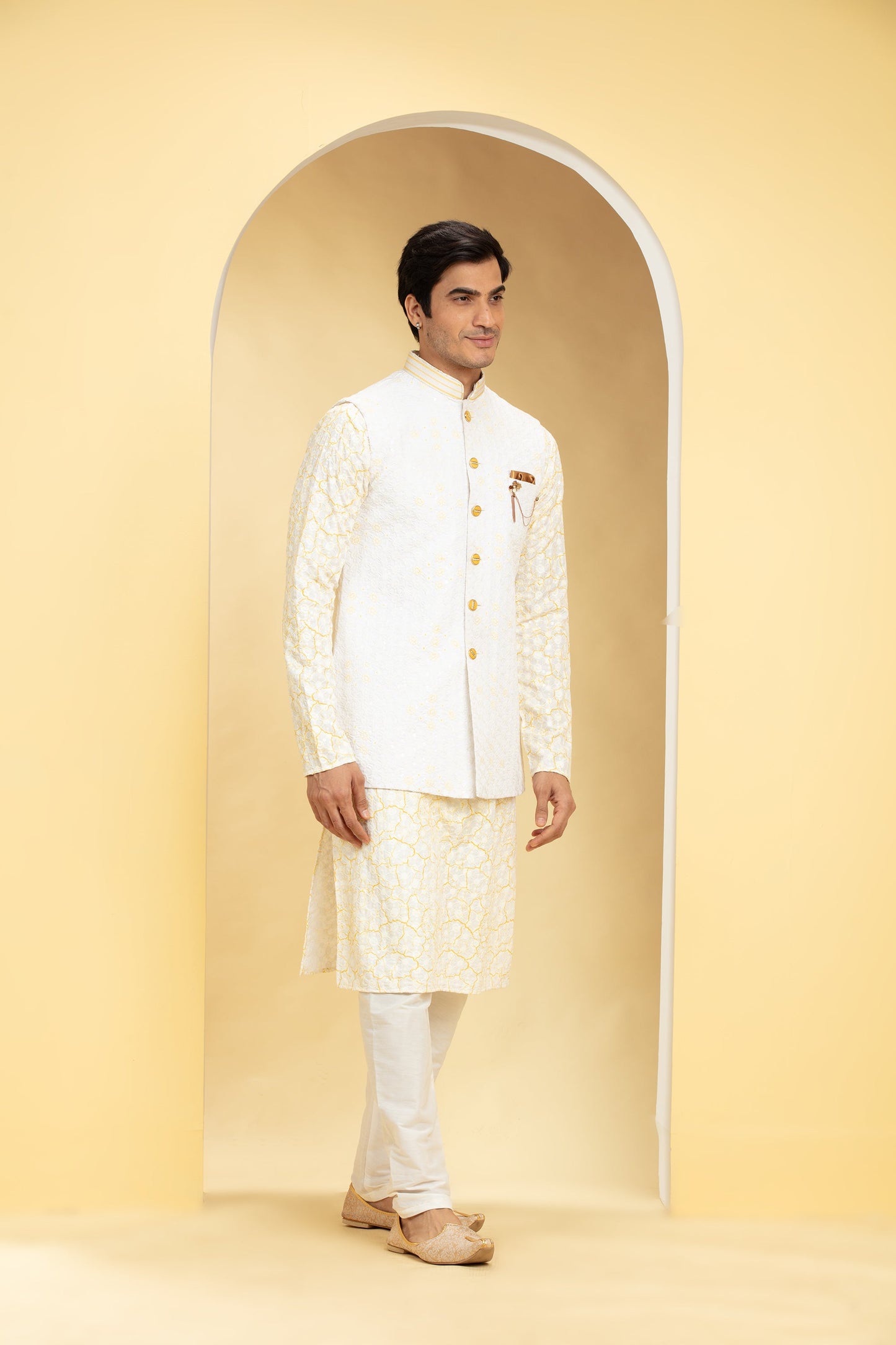Pearl White and pastel yellow Lucknowi kurta Jacket Set with Embellishments