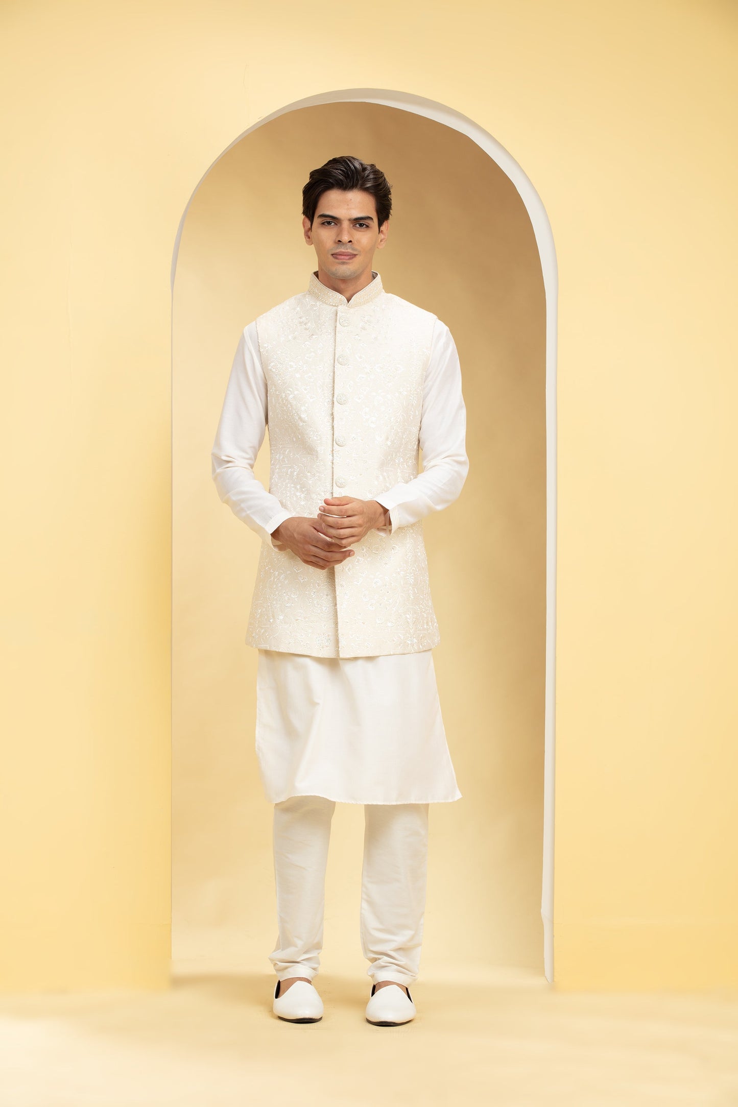 Eggshell White Lucknowi jacket set with self handwork