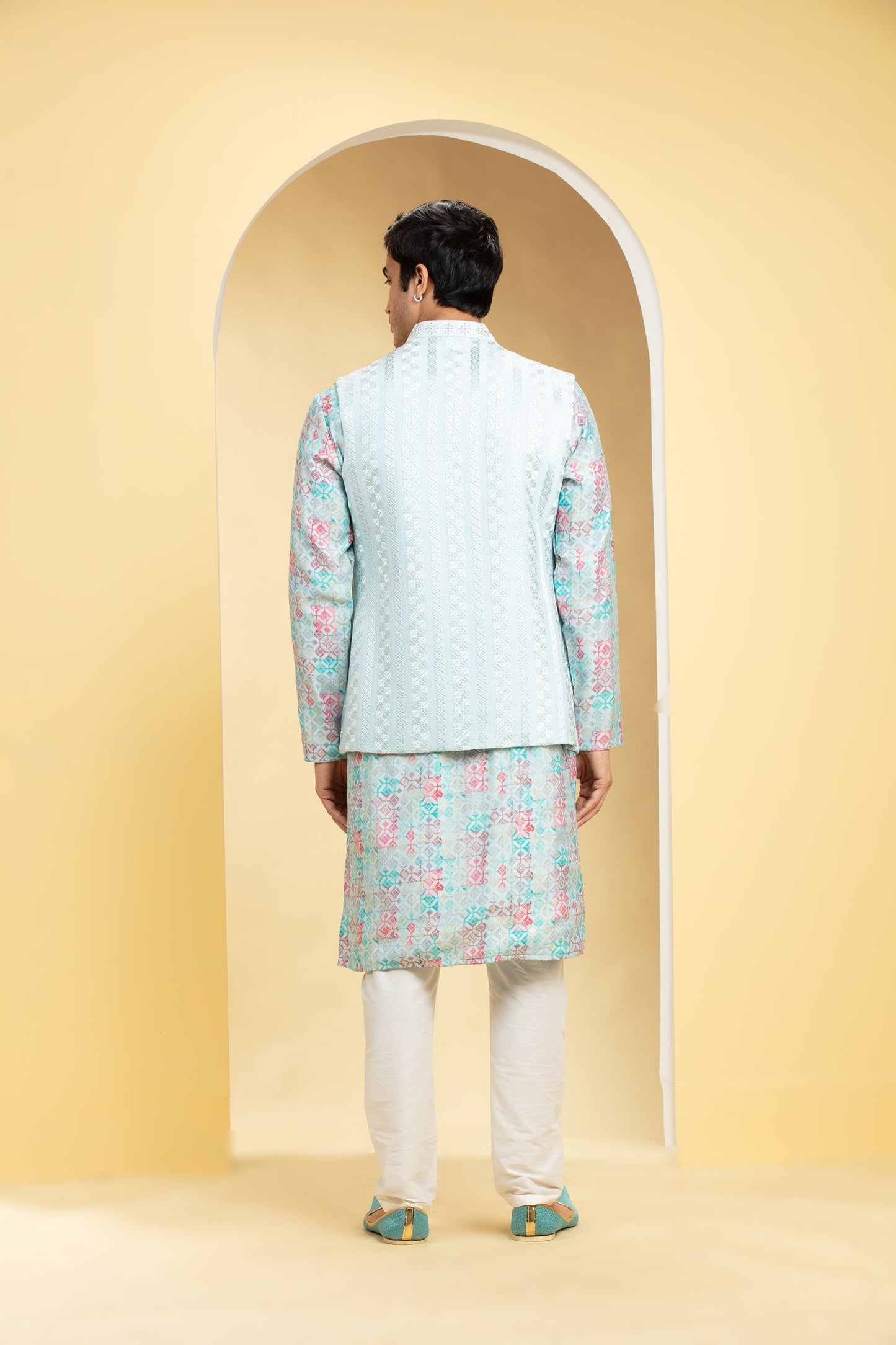 Skyway Blue Floral Lucknowi Open Jodhpuri Set with cutdana work