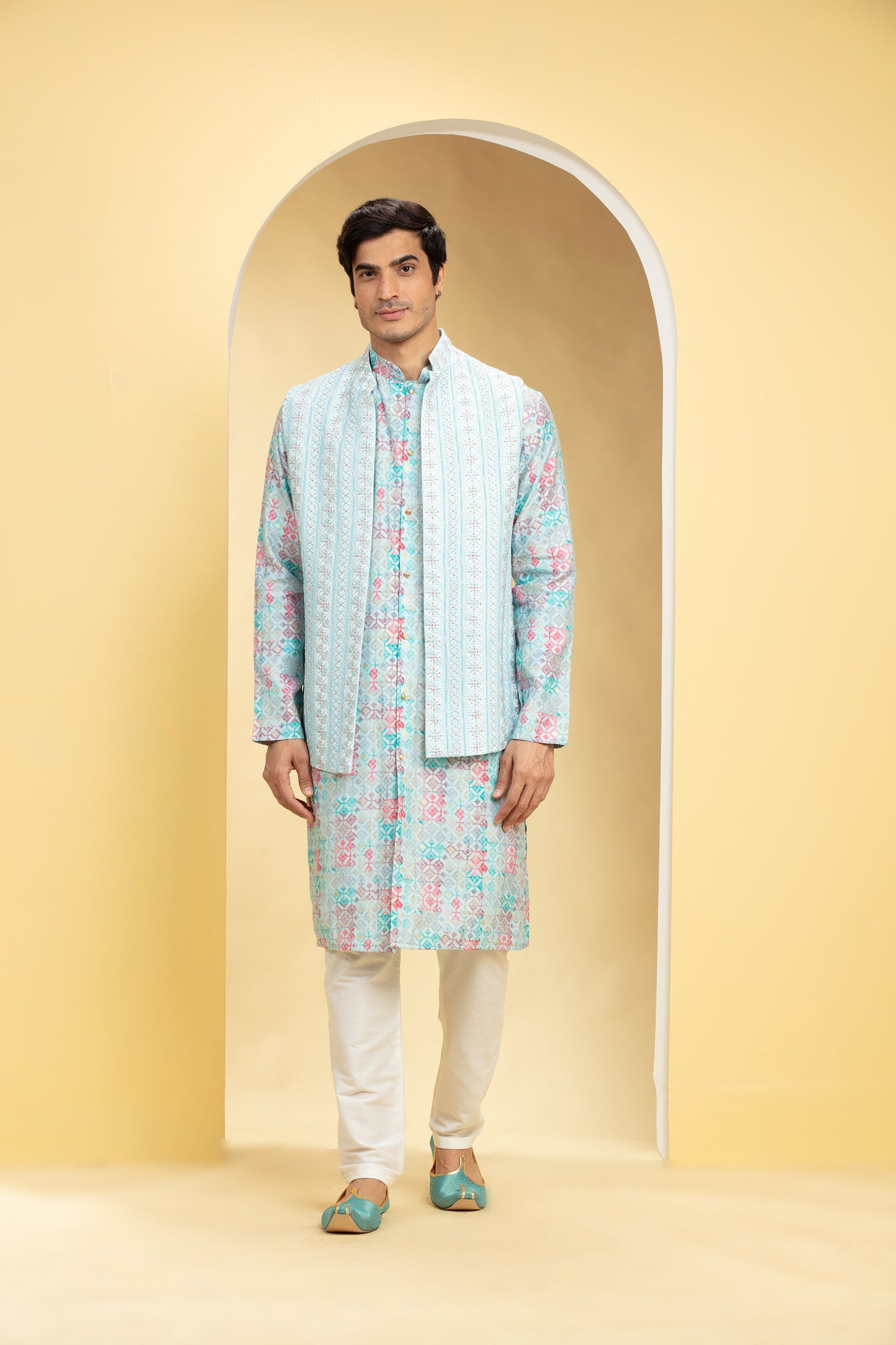Skyway Blue Floral Lucknowi Open Jodhpuri Set with cutdana work