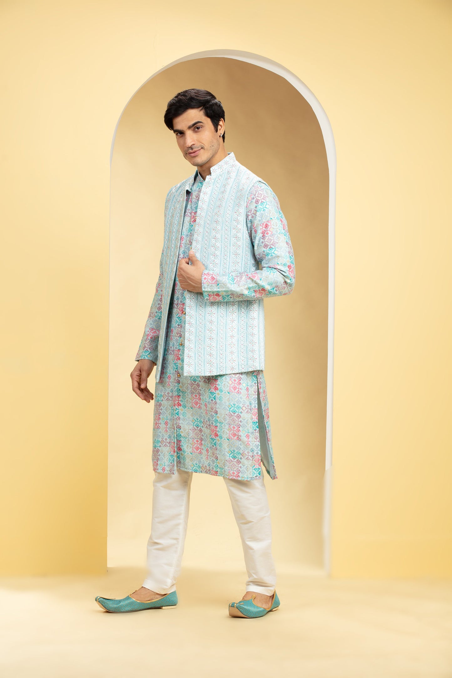Skyway Blue Floral Lucknowi Open Jodhpuri Set with cutdana work