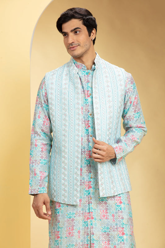 Skyway Blue Floral Lucknowi Open Jodhpuri Set with cutdana work