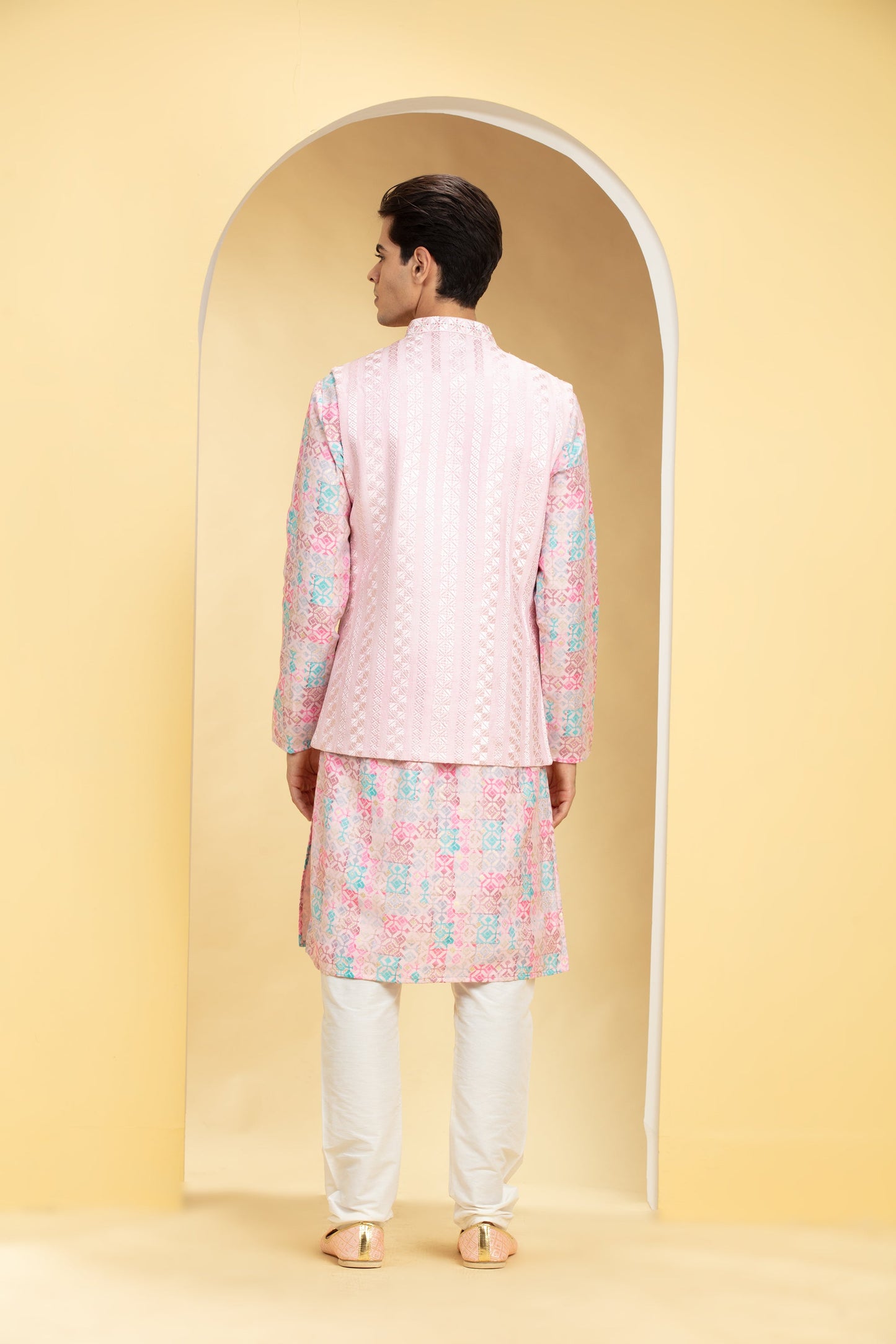 Blush Pink Floral Lucknowi Open Jodhpuri Set with cutdana work