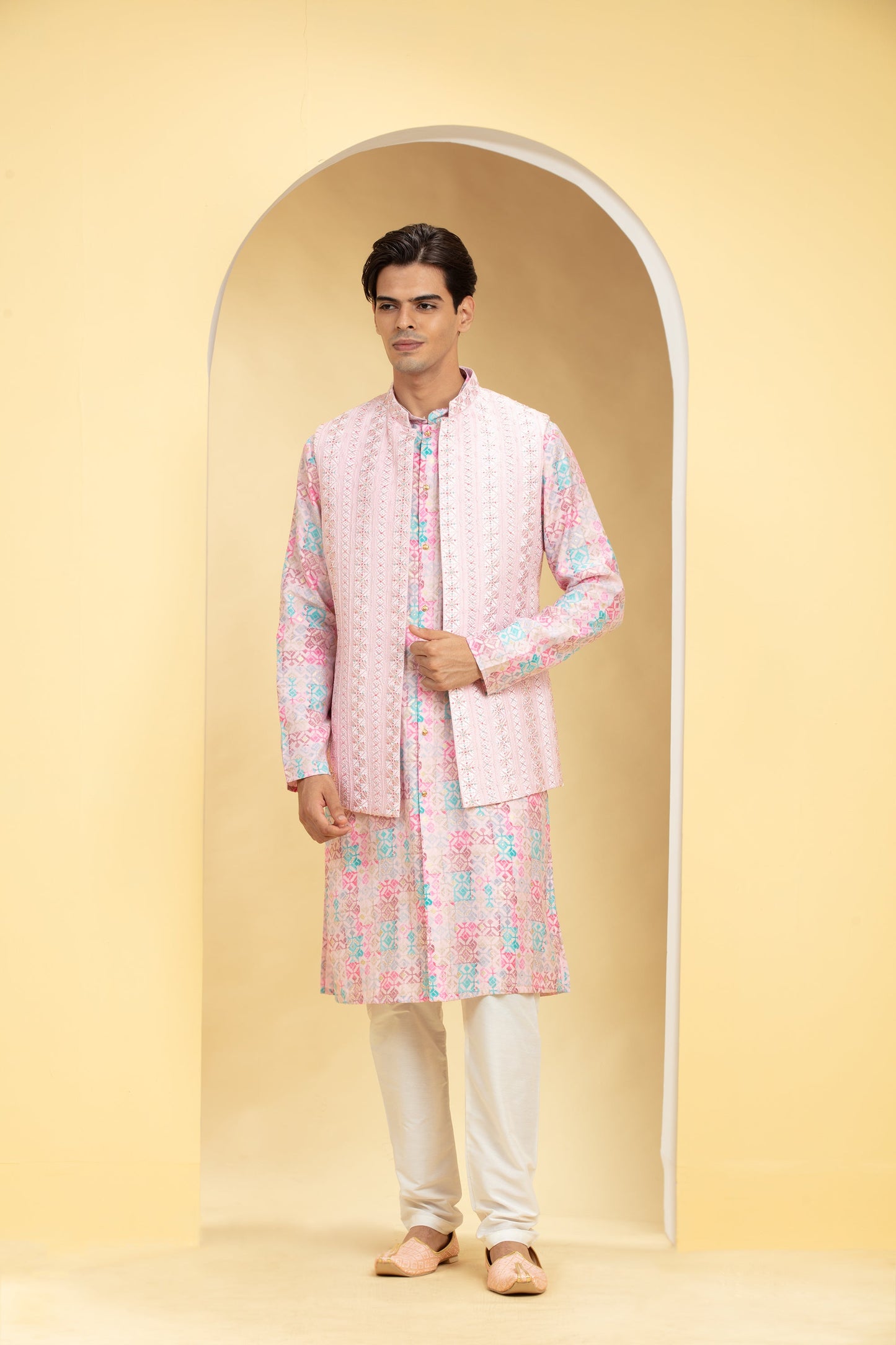 Blush Pink Floral Lucknowi Open Jodhpuri Set with cutdana work