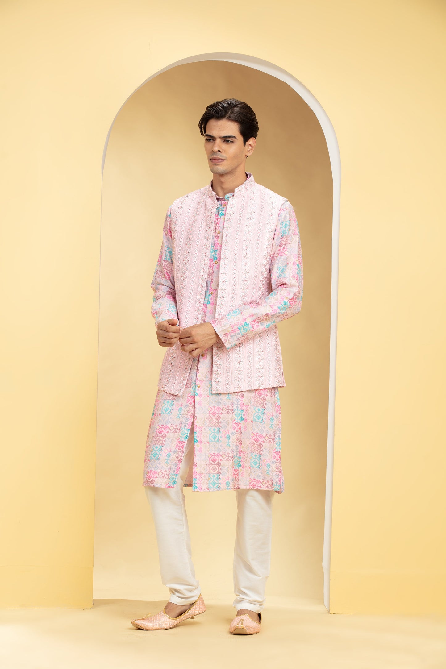 Blush Pink Floral Lucknowi Open Jodhpuri Set with cutdana work