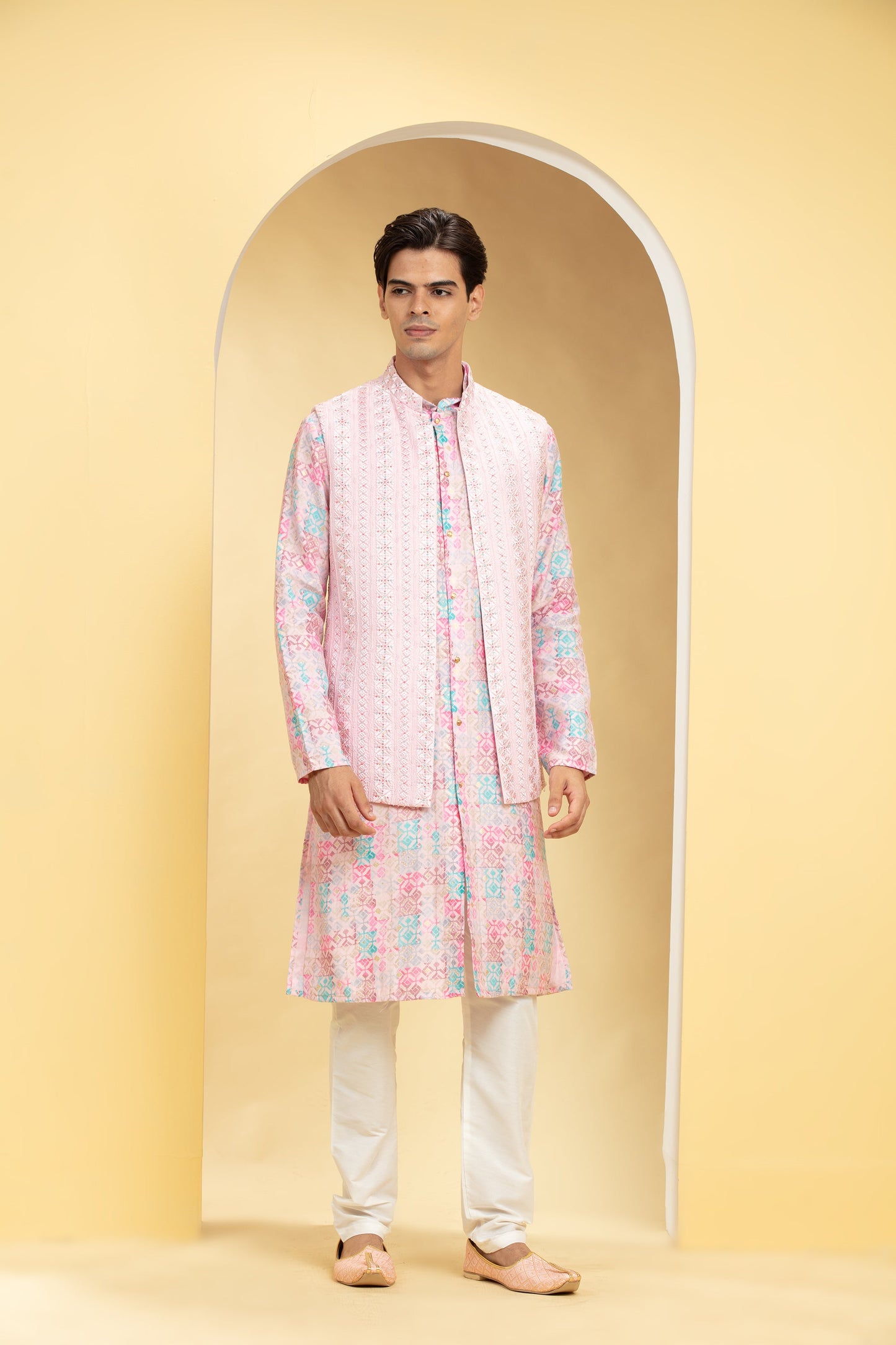 Blush Pink Floral Lucknowi Open Jodhpuri Set with cutdana work