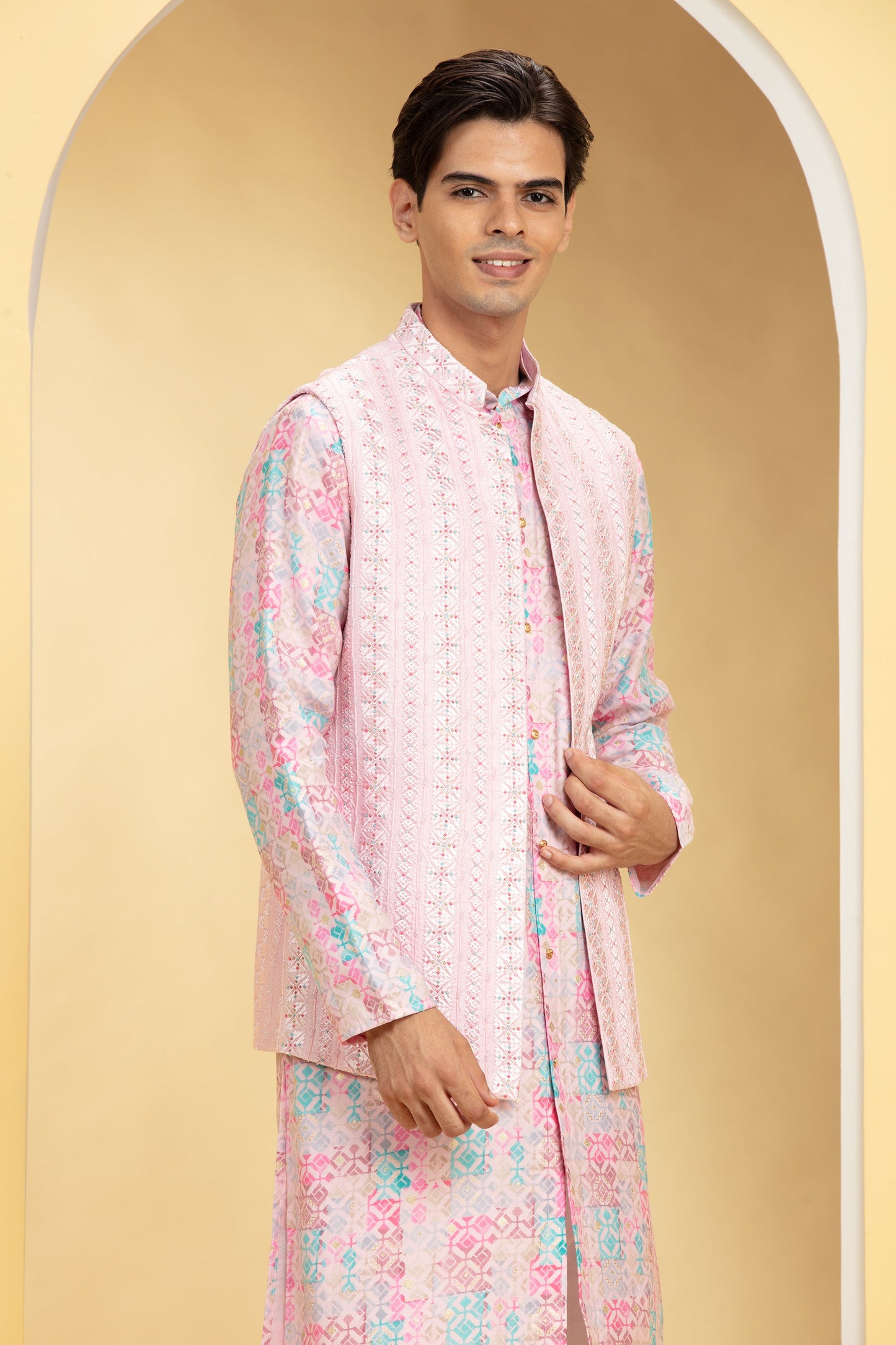 Blush Pink Floral Lucknowi Open Jodhpuri Set with cutdana work