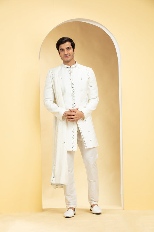 Ivory White Indo Western Sherwani Set with Dupatta