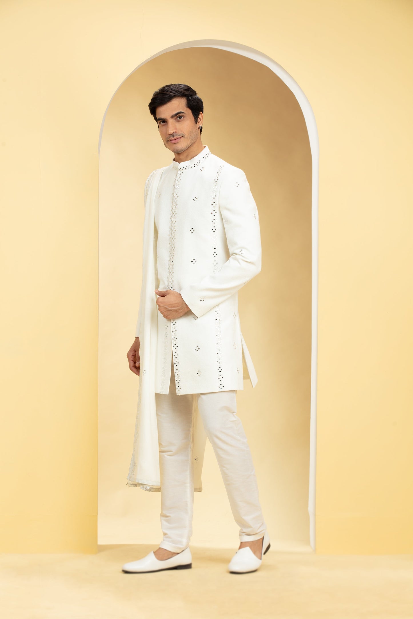Ivory White Indo Western Sherwani Set with Dupatta