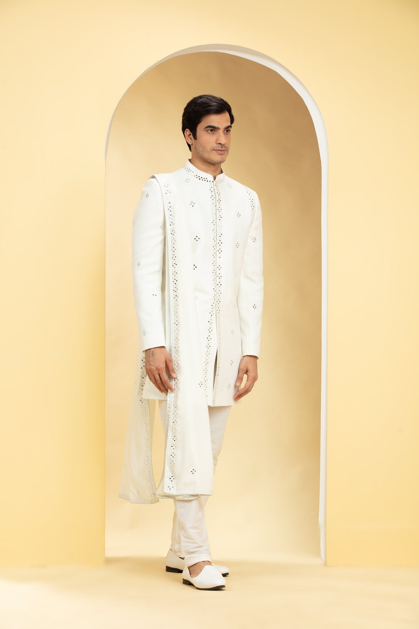 Ivory White Indo Western Sherwani Set with Dupatta