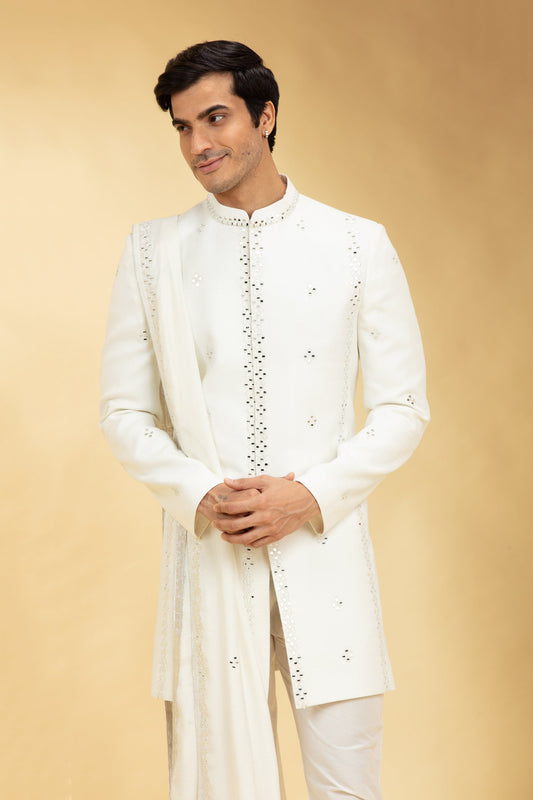 Ivory White Indo Western Sherwani Set with Dupatta