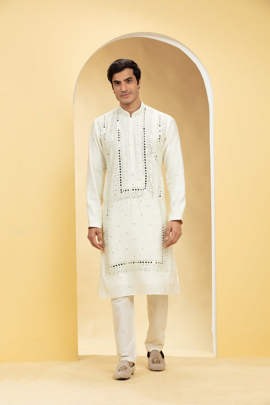 Alabaster White Resham Embroidered Kurta Pajama with Mirror work
