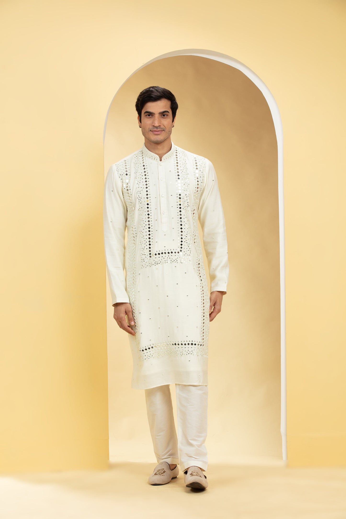 Alabaster White Resham Embroidered Kurta Pajama with Mirror work