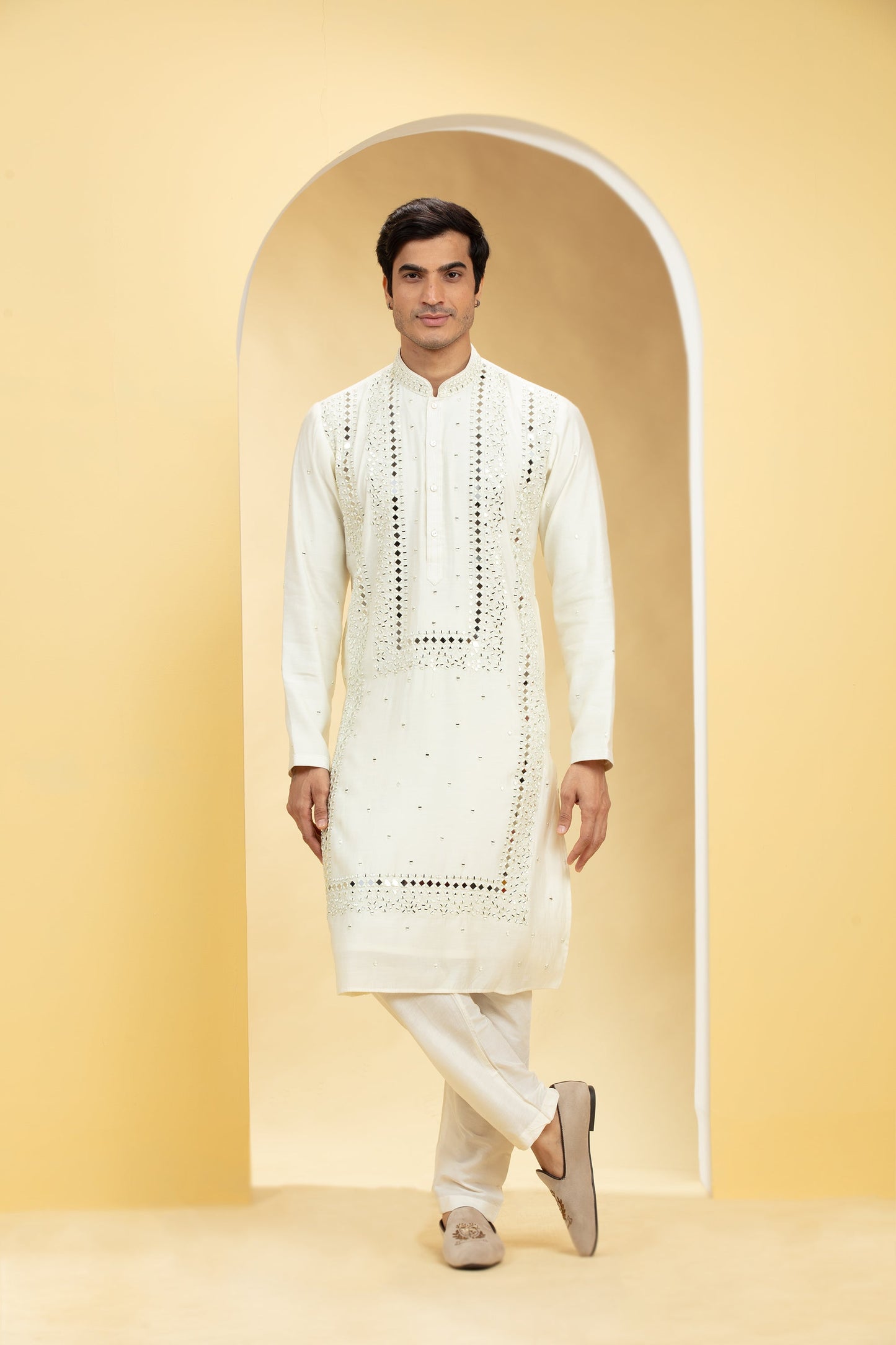 Alabaster White Resham Embroidered Kurta Pajama with Mirror work
