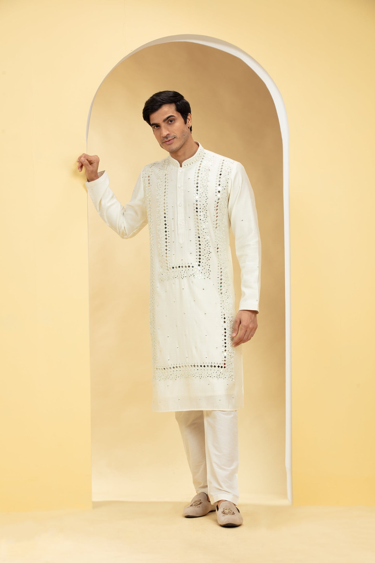 Alabaster White Resham Embroidered Kurta Pajama with Mirror work