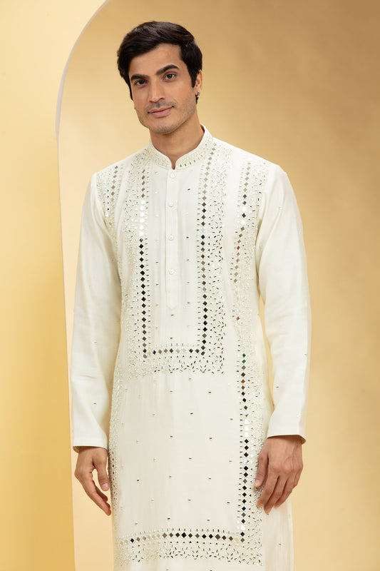 Alabaster White Resham Embroidered Kurta Pajama with Mirror work