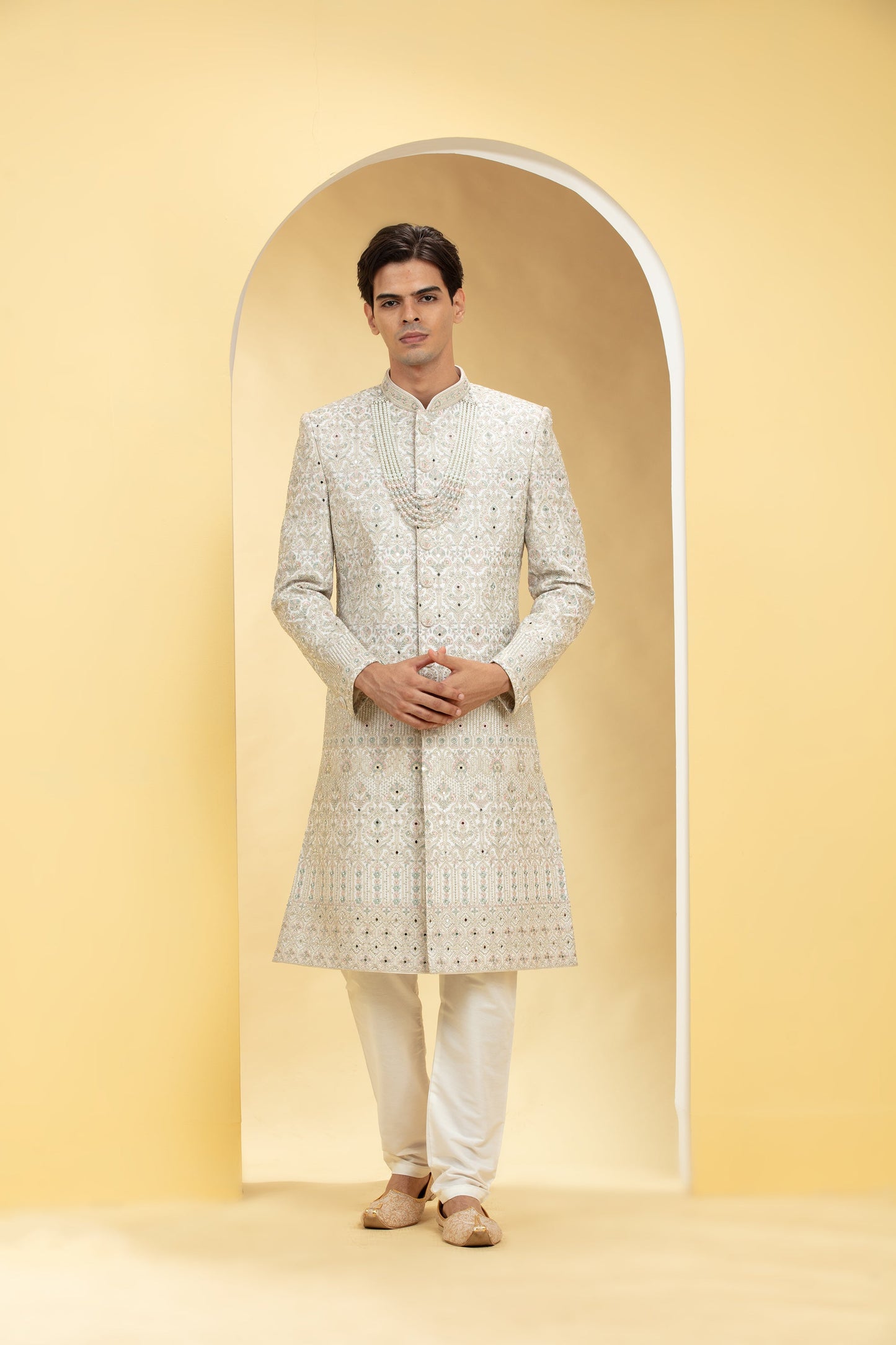 Seashell White Indo Western Sherwani Set with thread work embellishments