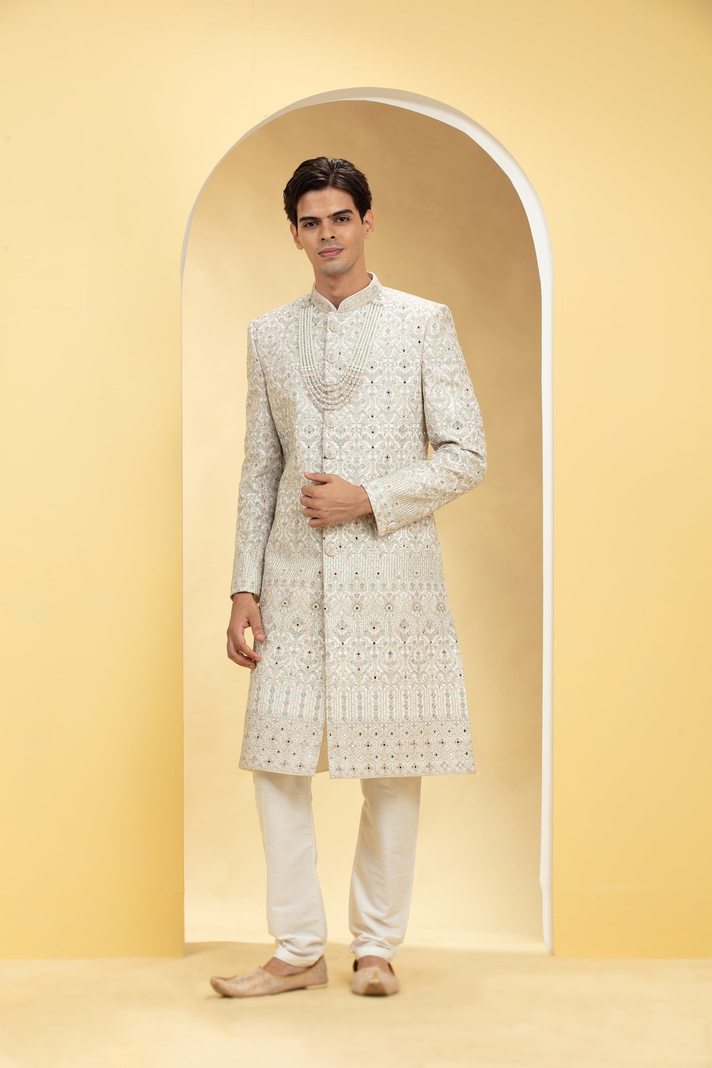 Seashell White Indo Western Sherwani Set with thread work embellishments