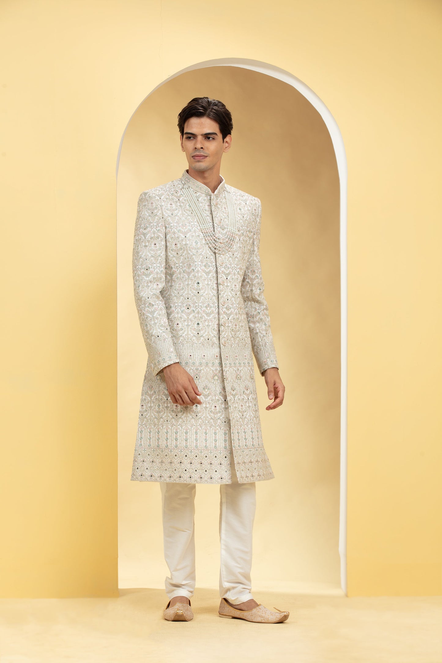 Seashell White Indo Western Sherwani Set with thread work embellishments