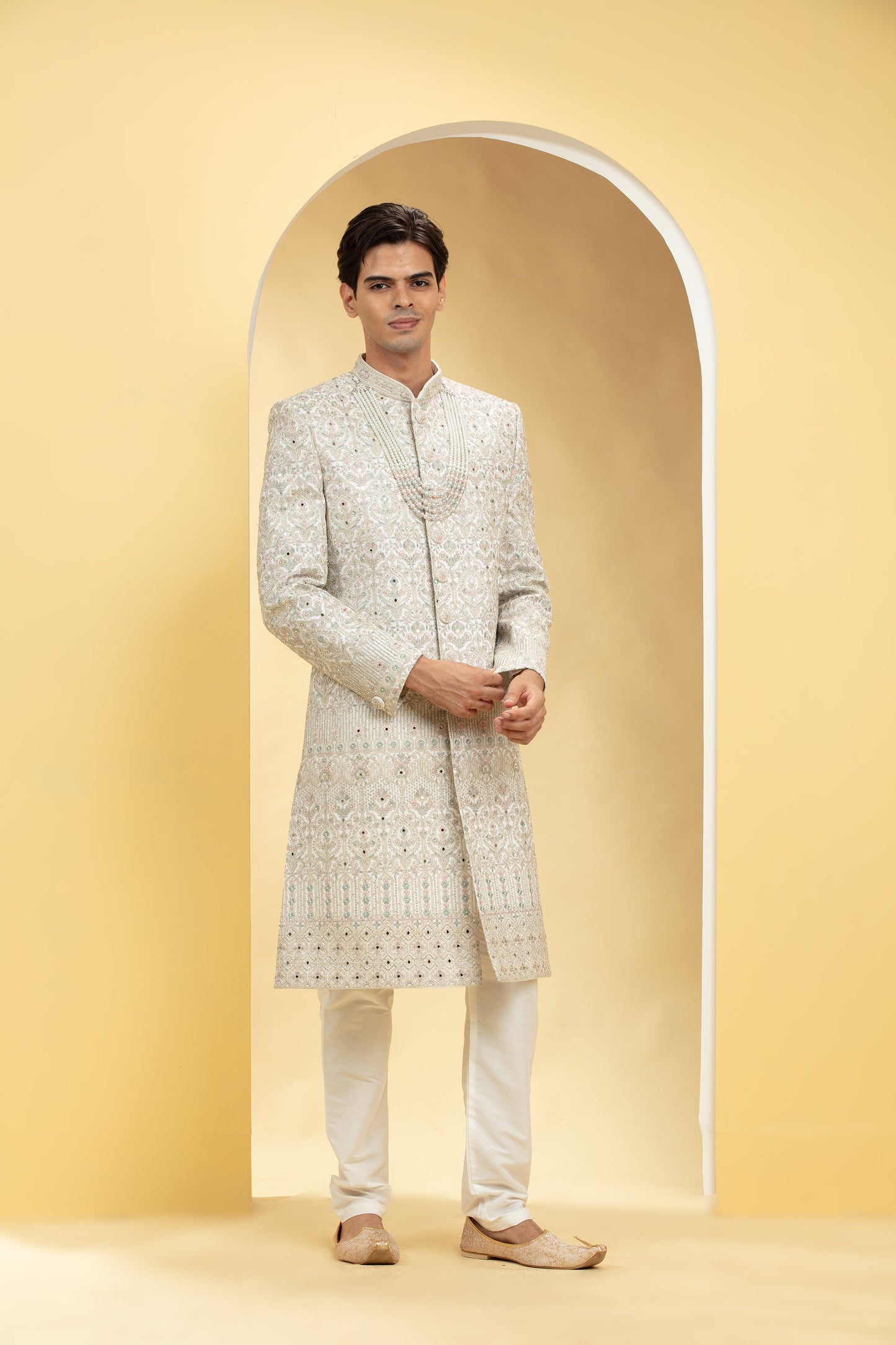Seashell White Indo Western Sherwani Set with thread work embellishments
