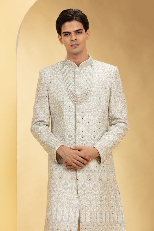 Seashell White Indo Western Sherwani Set with thread work embellishments