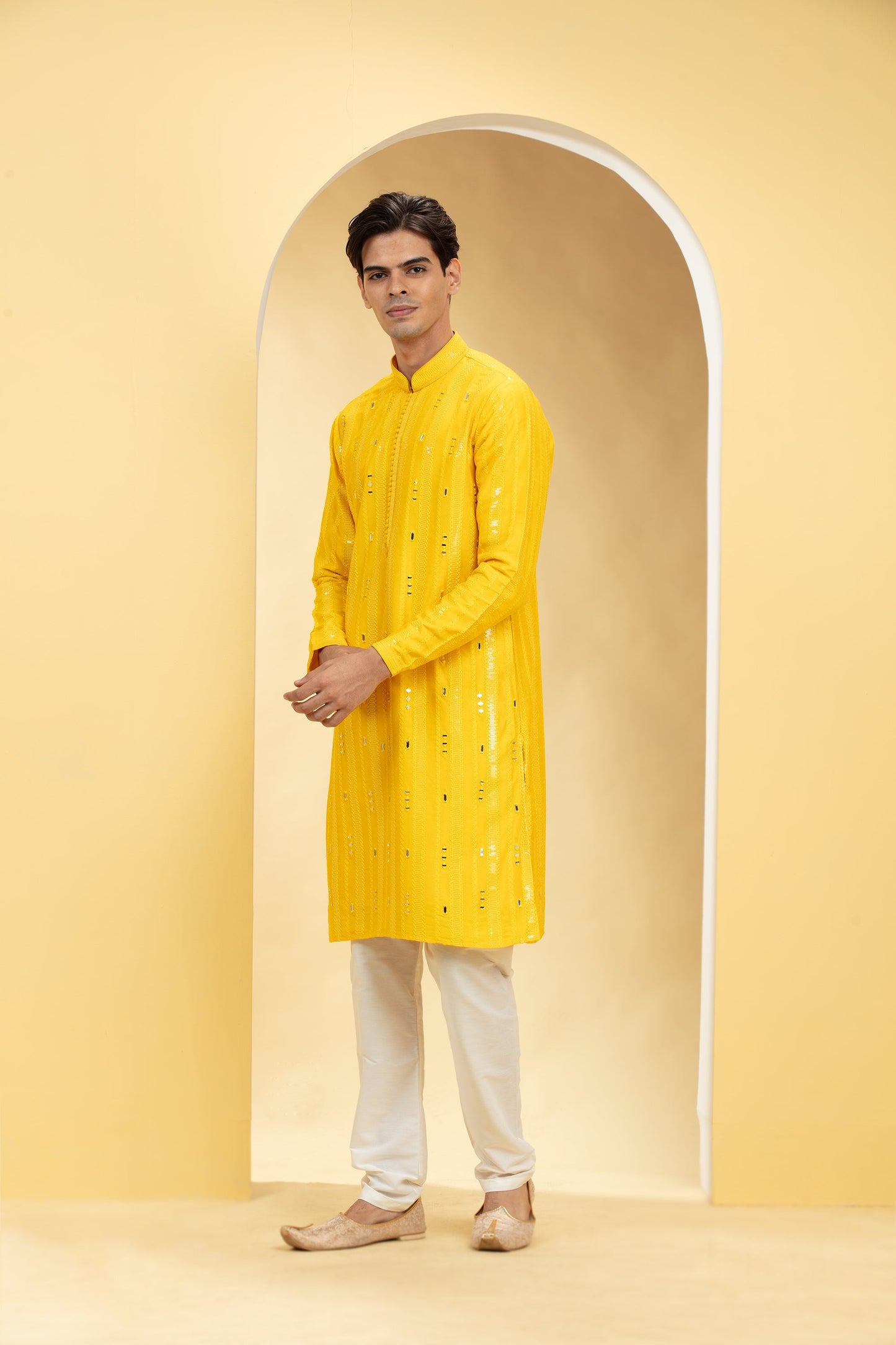 Sun glow Yellow Lucknowi kurta pajama set with mirror work