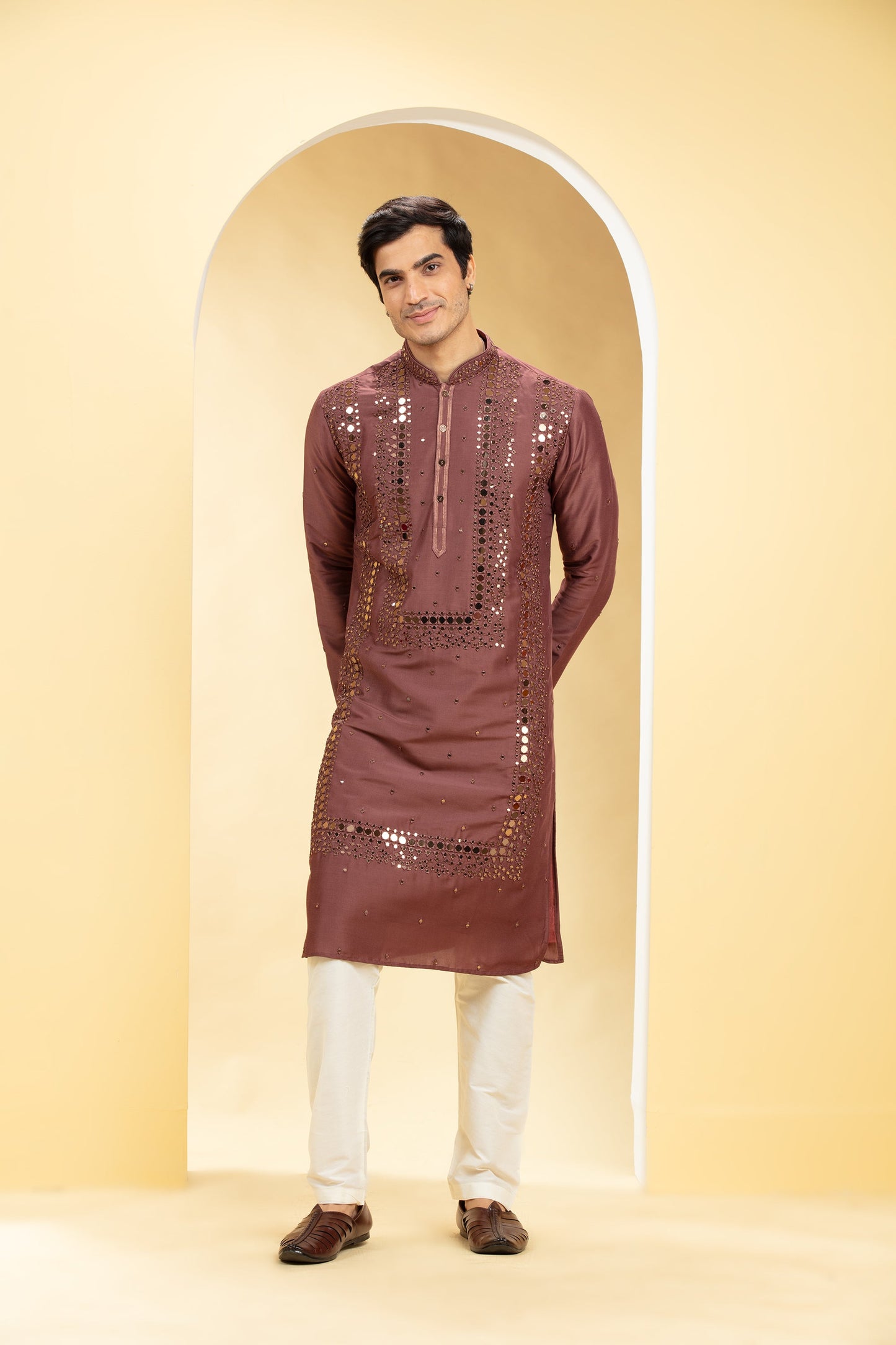 Brick Red Lucknowi kurta pajama set with mirror work