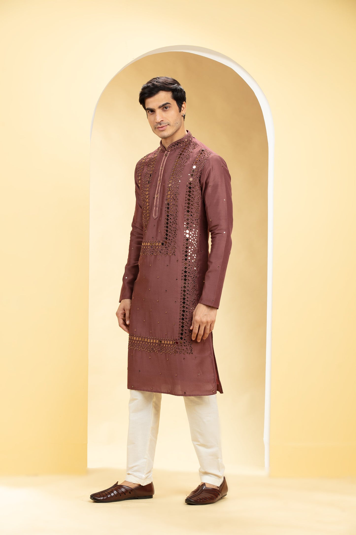 Brick Red Lucknowi kurta pajama set with mirror work