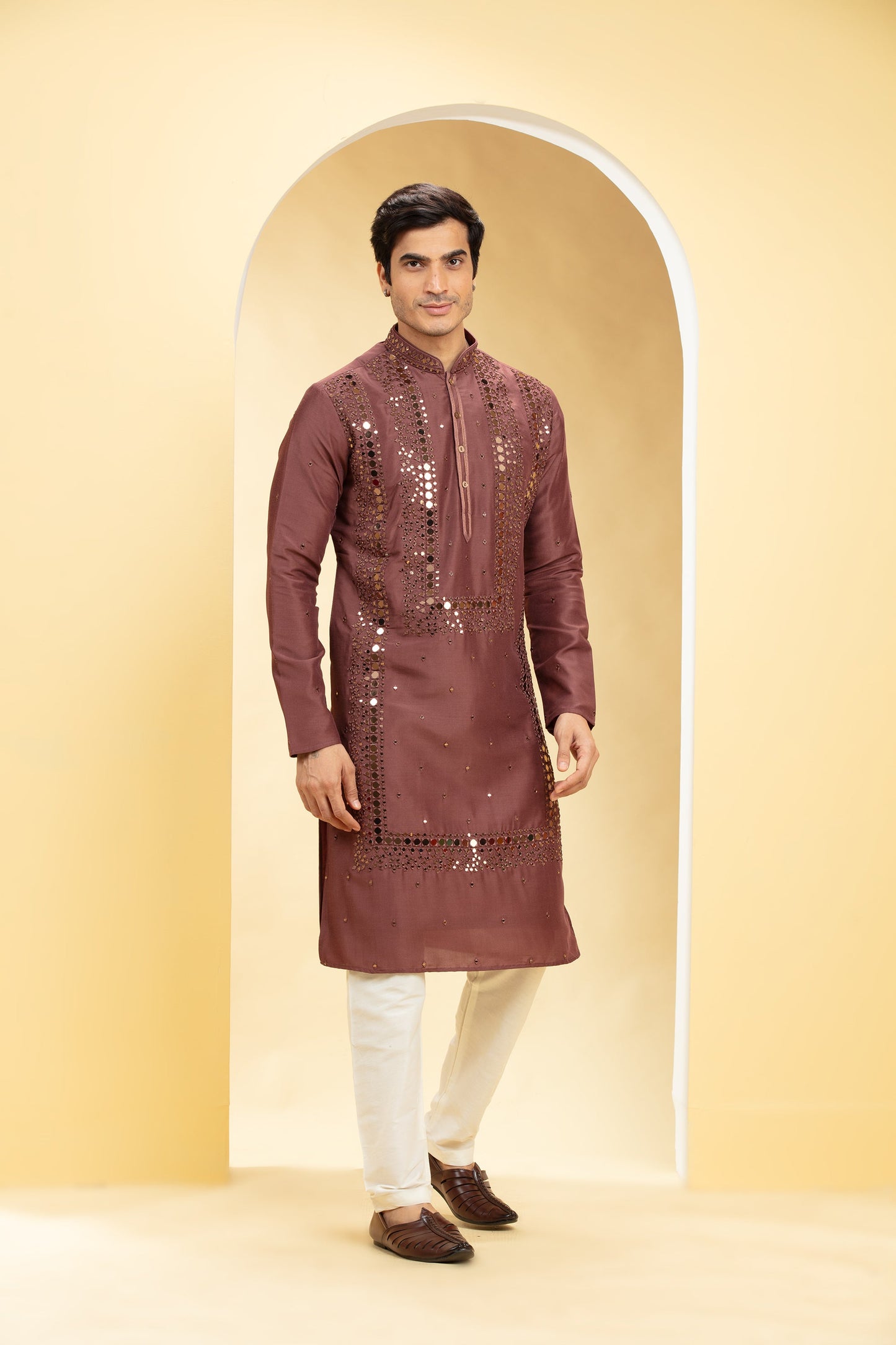 Brick Red Lucknowi kurta pajama set with mirror work