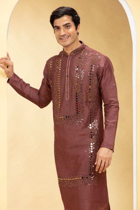 Brick Red Lucknowi kurta pajama set with mirror work