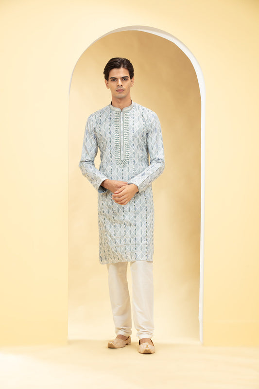 Silver Grey kurta pajama Set with Lucknowi mirror work