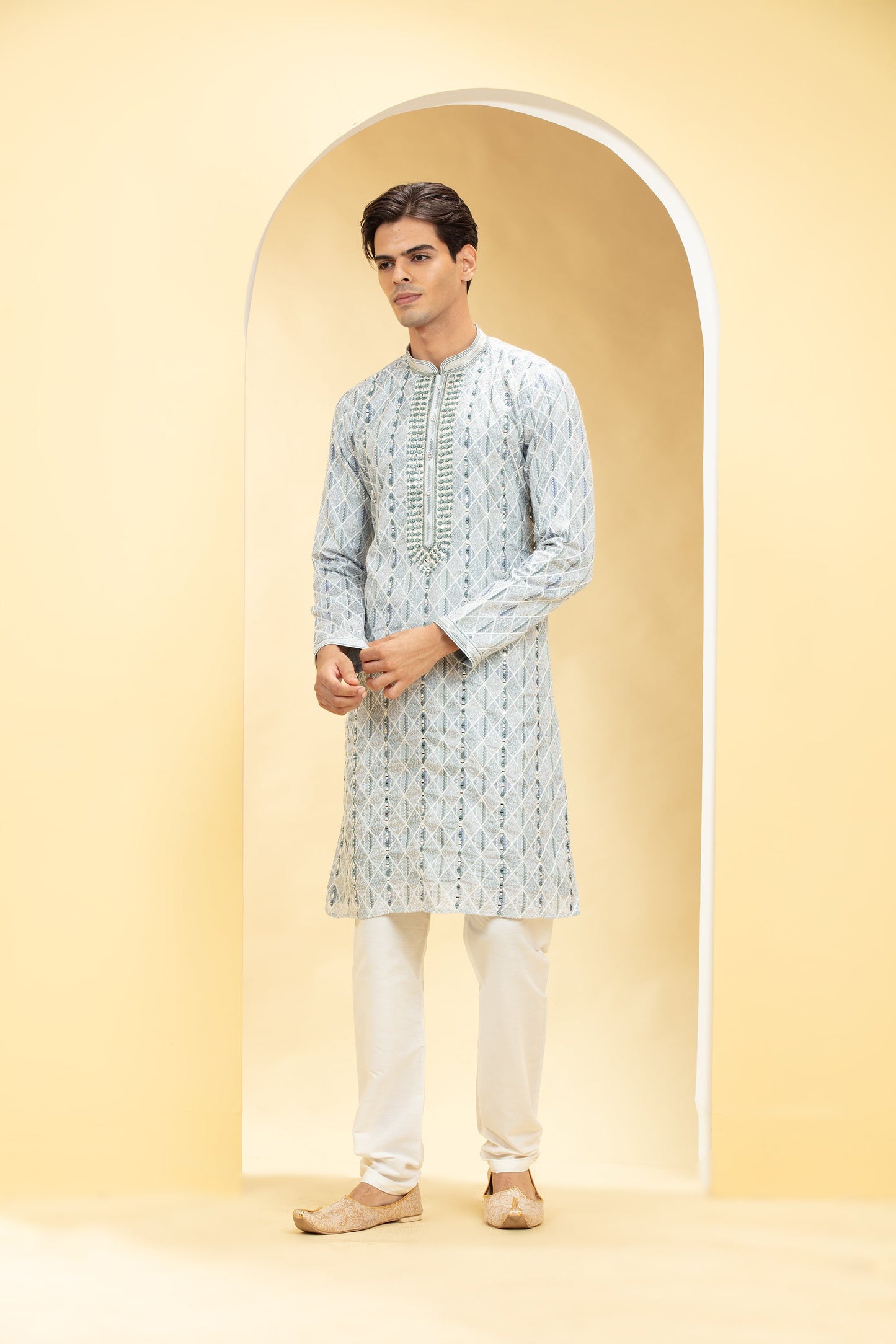 Silver Grey kurta pajama Set with Lucknowi mirror work