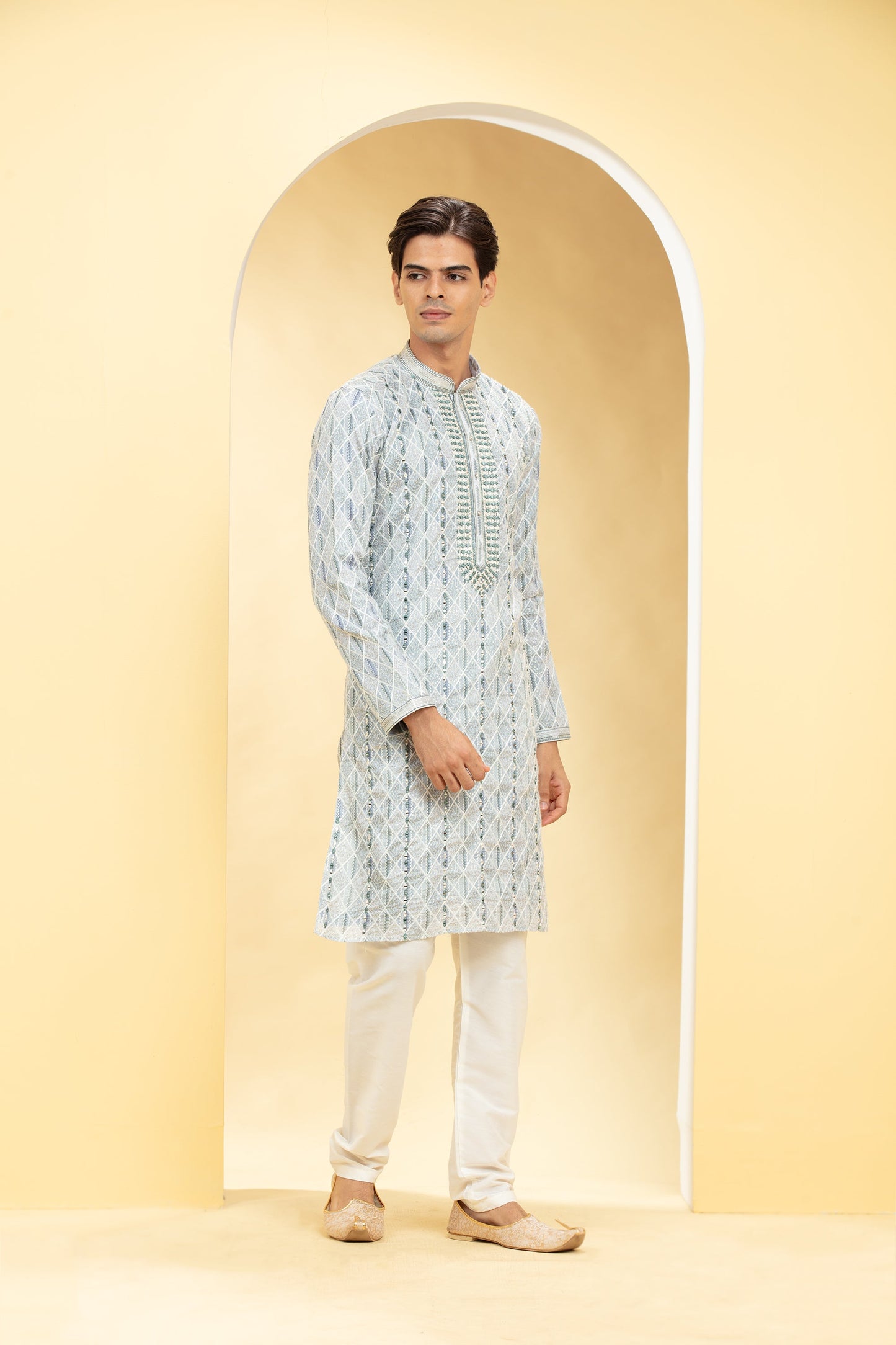 Silver Grey kurta pajama Set with Lucknowi mirror work