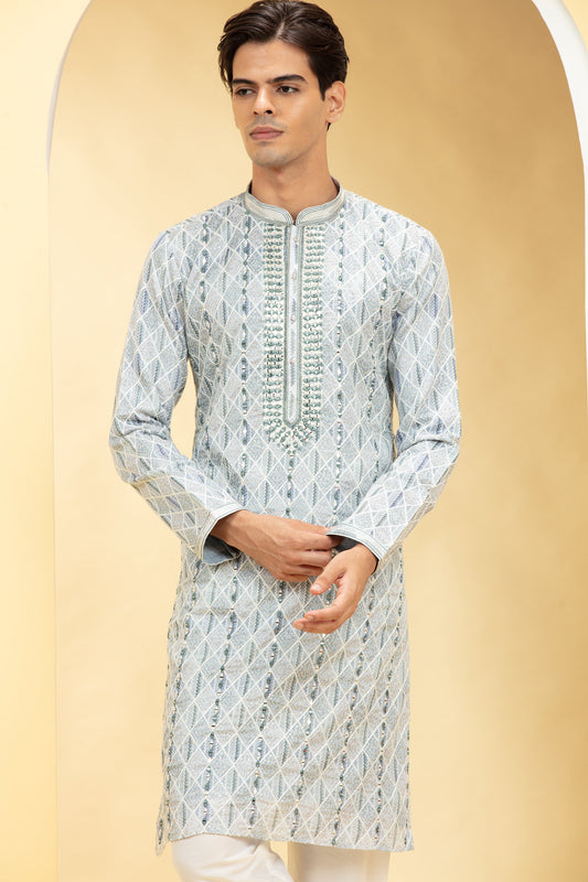 Silver Grey kurta pajama Set with Lucknowi mirror work