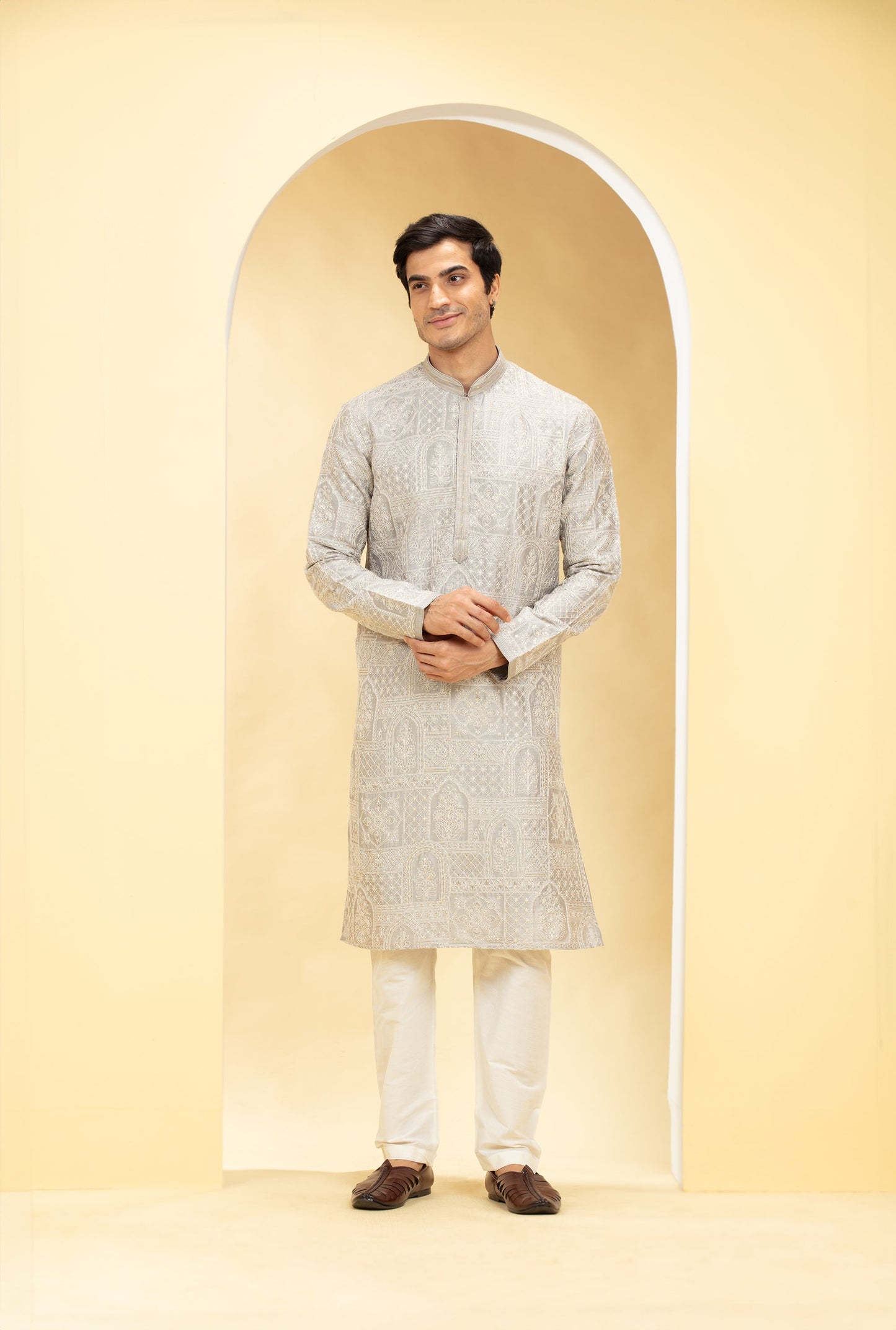 Wheatish Silver kurta pajama set with self thread work