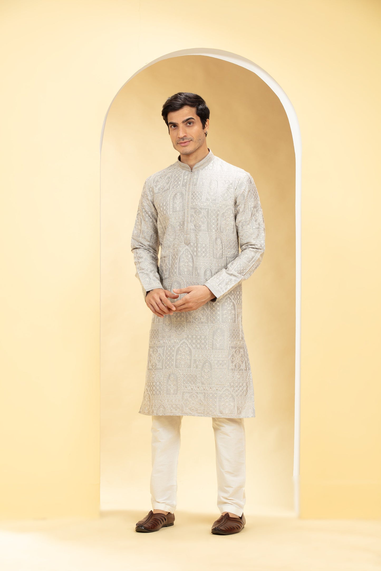 Wheatish Silver kurta pajama set with self thread work